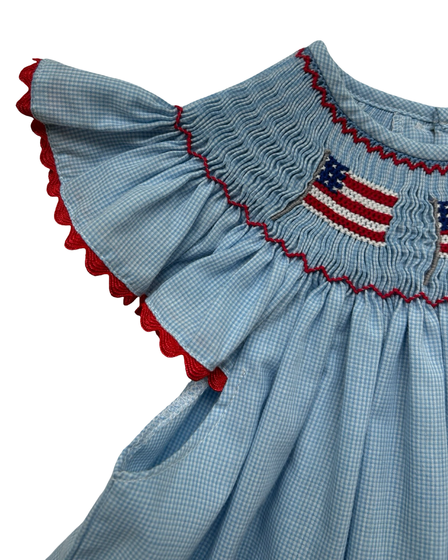 6M Baby Girls Mom & Me Patriotic Light Blue Gingham Flags 🇺🇸🇺🇸🇺🇸 Smocked And Ruffled Sleeves Dress