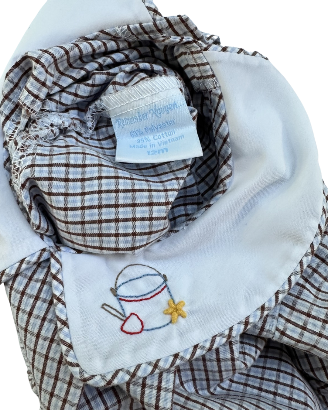 12M Baby Boy Boutique Remember Nguyen Brown and Light Blue Gingham Plaid Bubble with Classic Peter Pan Collar and Sand Castle Embroidery