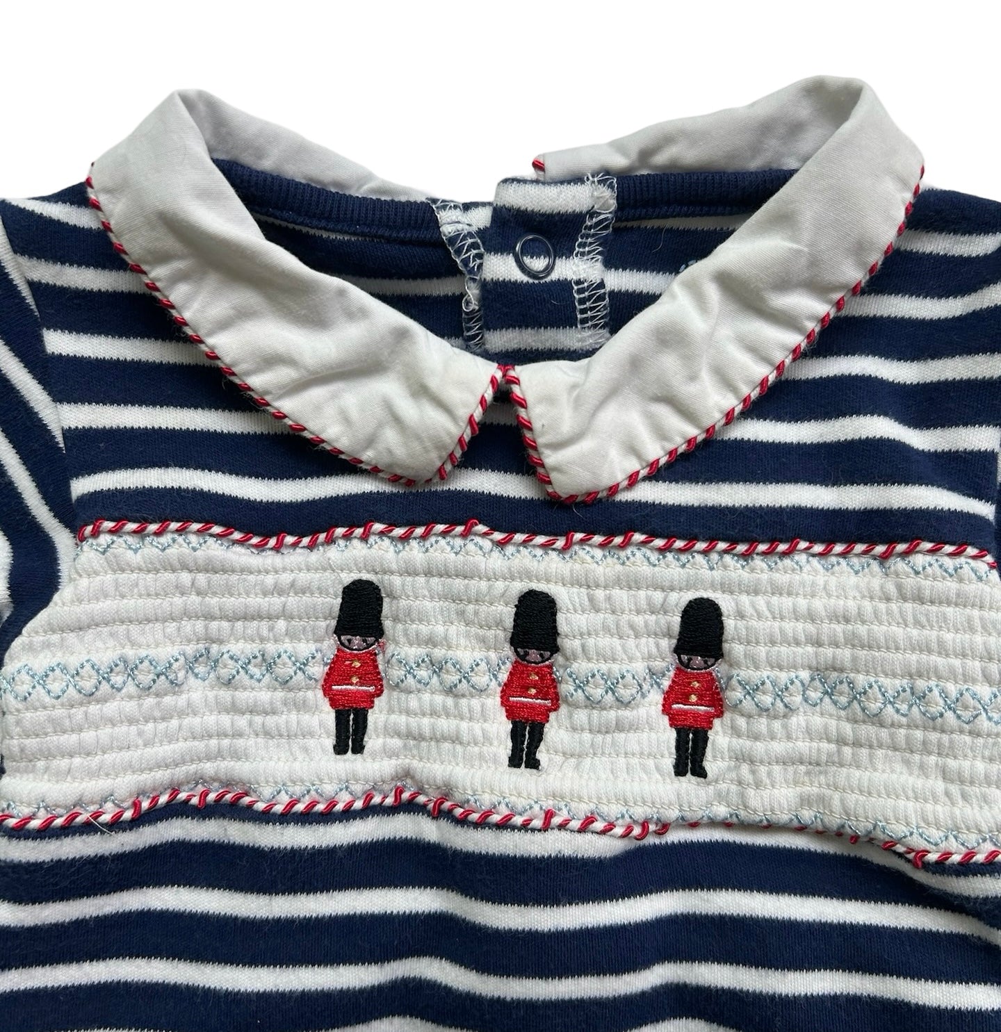 6-9M JoJo MaMan Bébé Baby Boy’s Blue Striped Palace Guards Romper