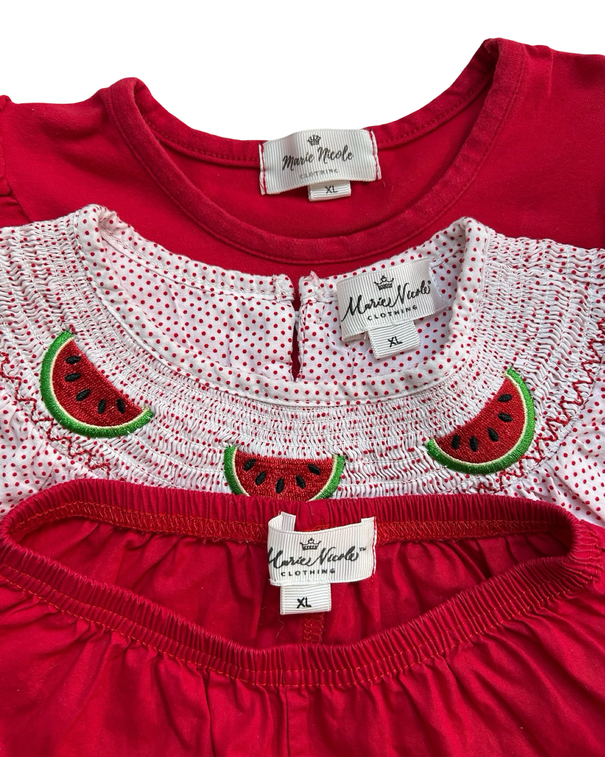 XL 6T Toddler Girls Marie Nicole Clothing Set 3 Piece, Dots Watermelon 🍉 Embroidered Dress, Cow Appliqué Dress And Red Ruffle Shorts.