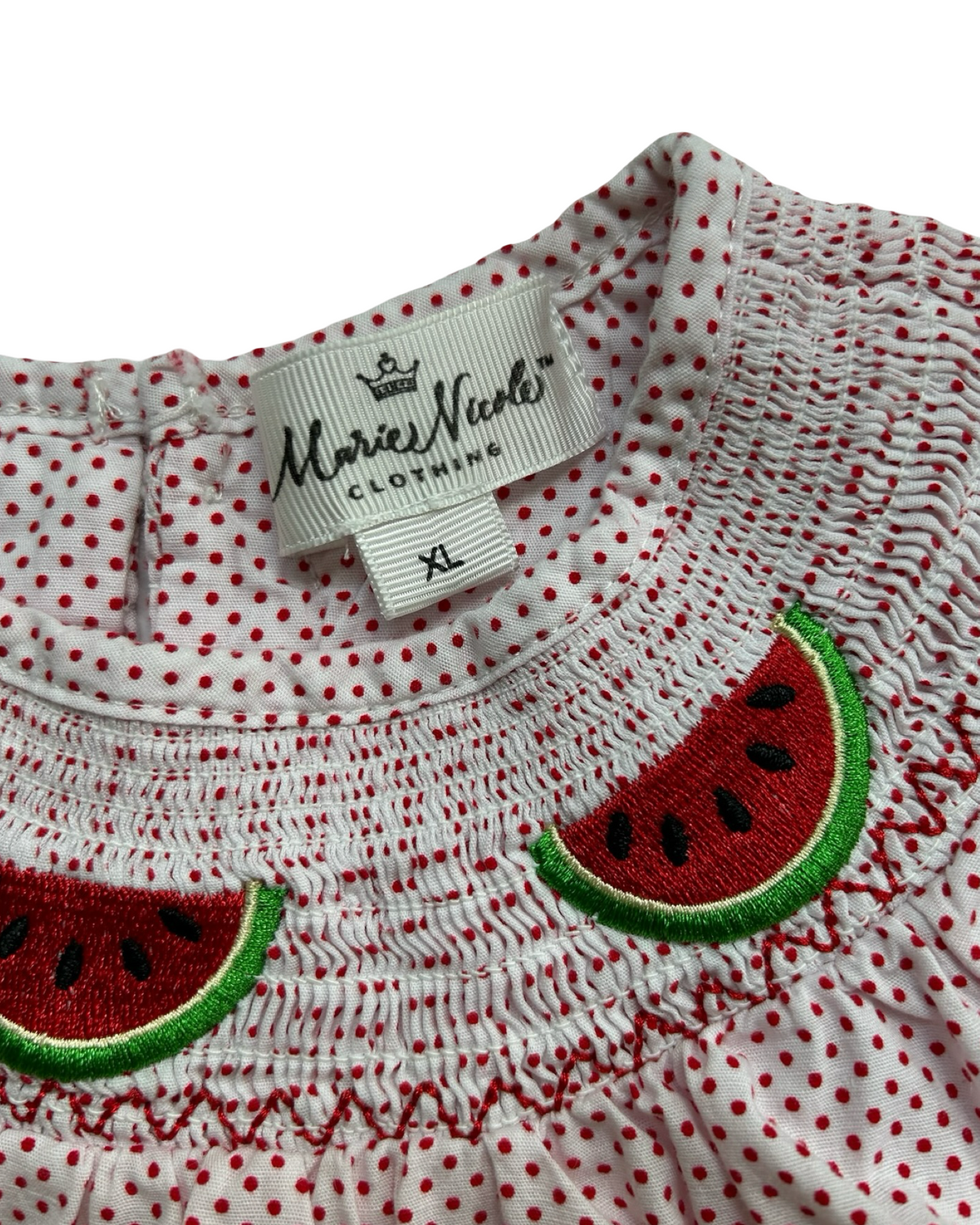XL 6T Toddler Girls Marie Nicole Clothing Set 3 Piece, Dots Watermelon 🍉 Embroidered Dress, Cow Appliqué Dress And Red Ruffle Shorts.