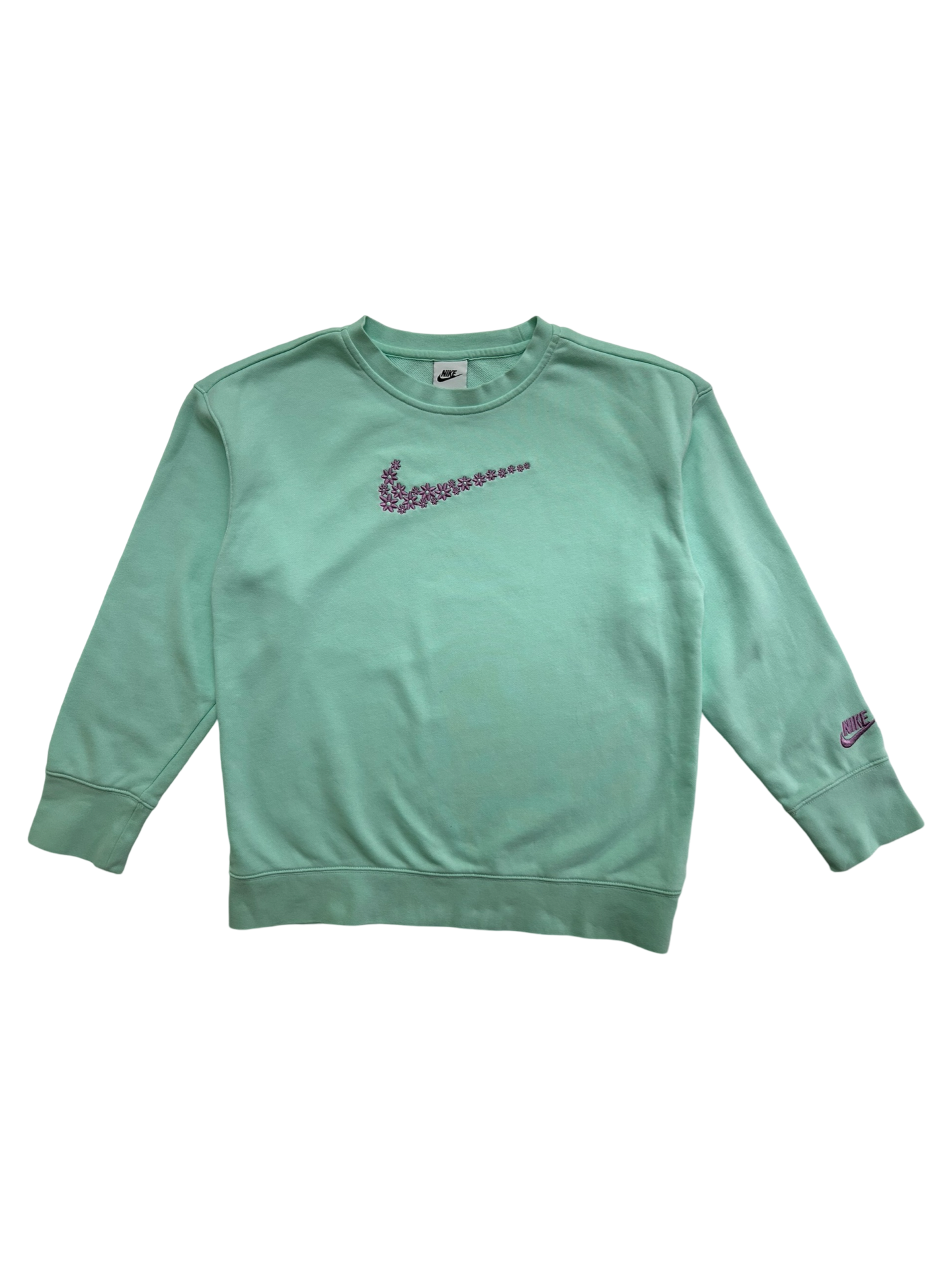 10Y /12Y Youth Girl Nike Size Large Aqua Sweatshirt w/ Emroidered Floral Logo