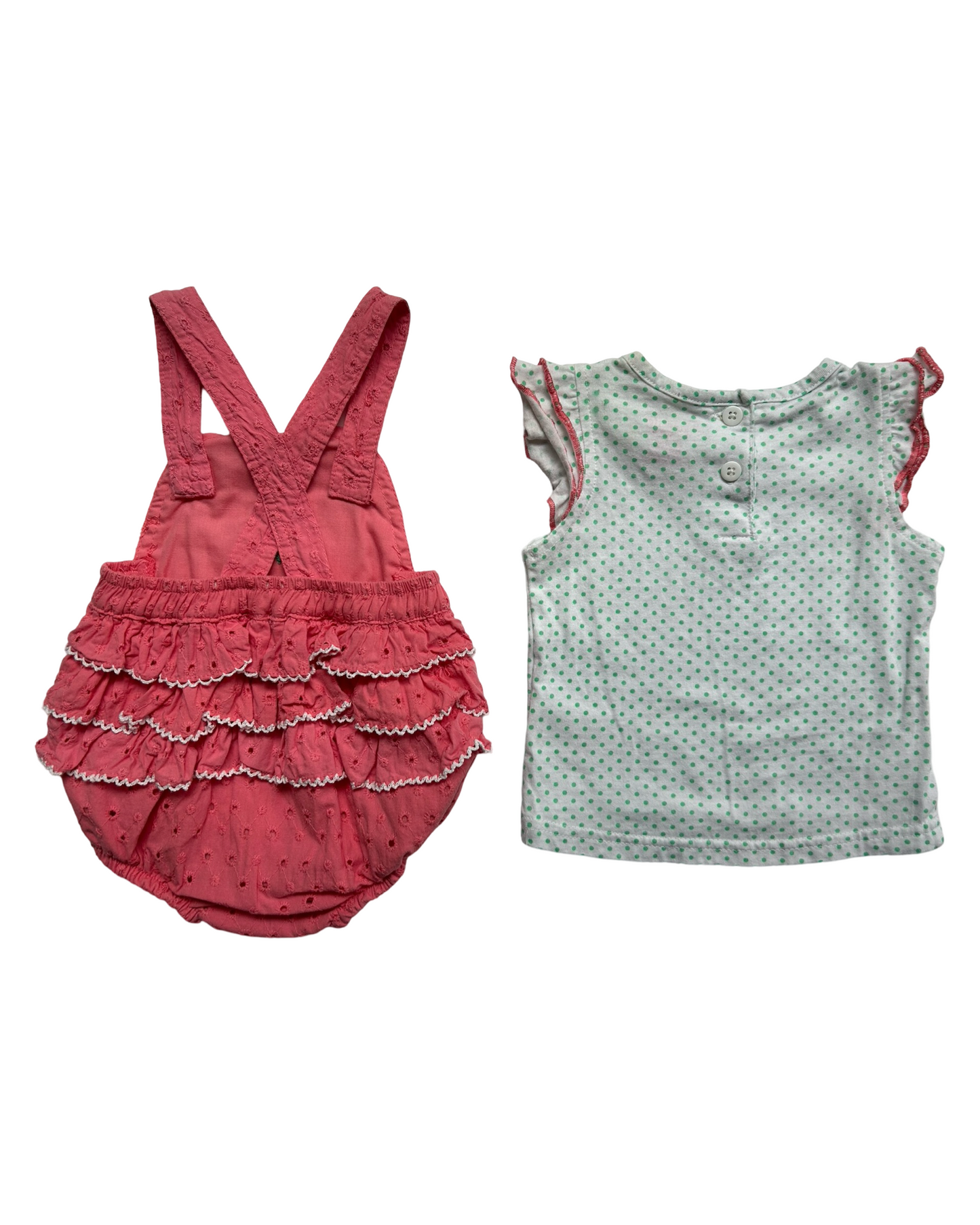 6-9M Baby Girl Pink Nanette Eyelet Rufflebutt Romper with Aqua Polkadot Shirt