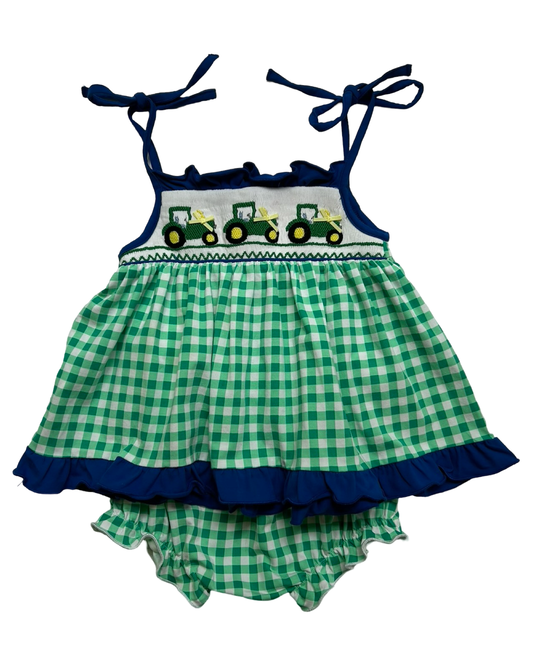 24M Baby Girls Sugar Dumplin Gingham Embroidered Tractors 🚜 🚜 🚜 With Diaper Cover. 2 Pieces Set.