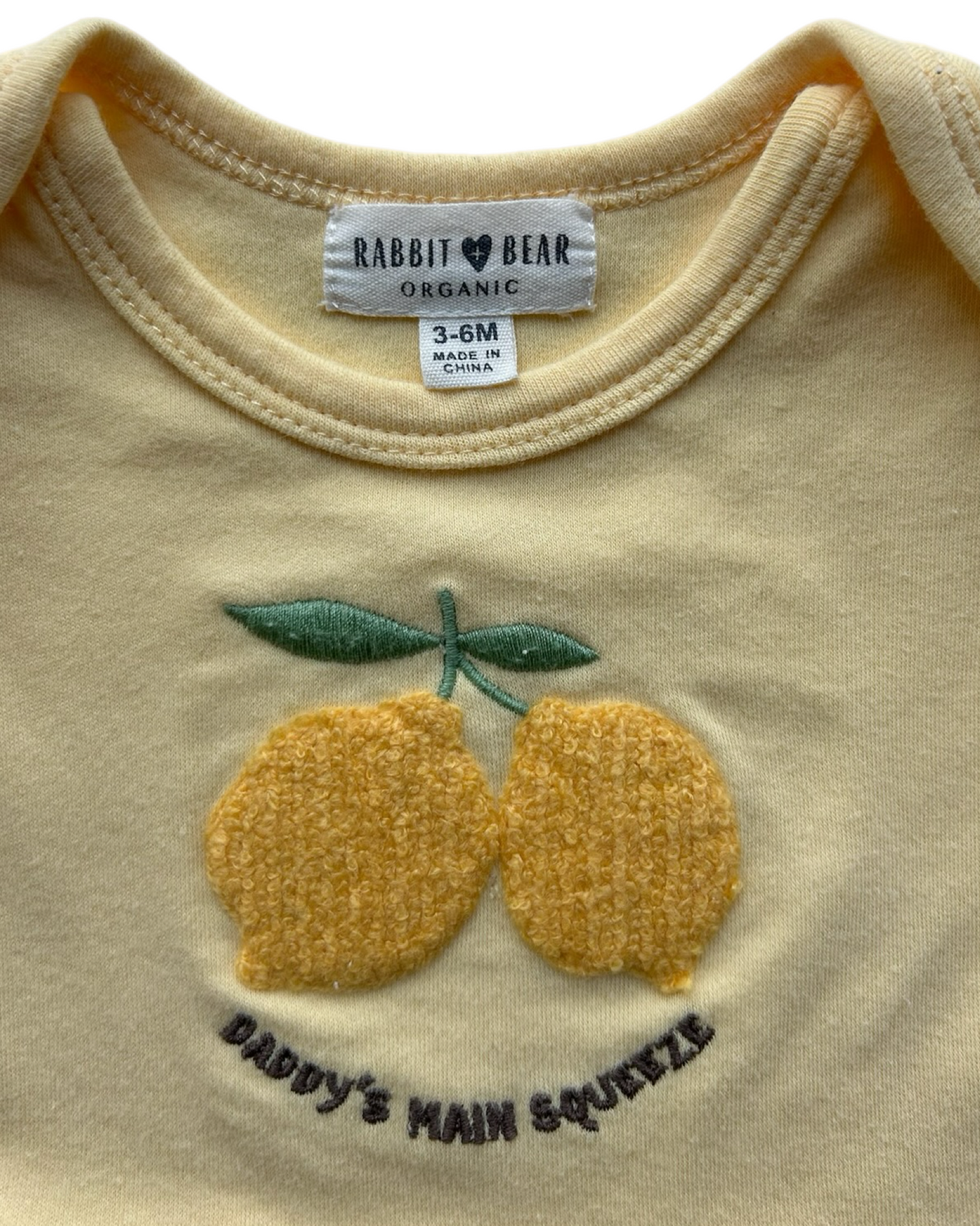 3M-6M Baby Girls Rabbit + Bear Organic Embroidered Lemon 🍋 🍋 Ruffle Short Sleeves Romper.