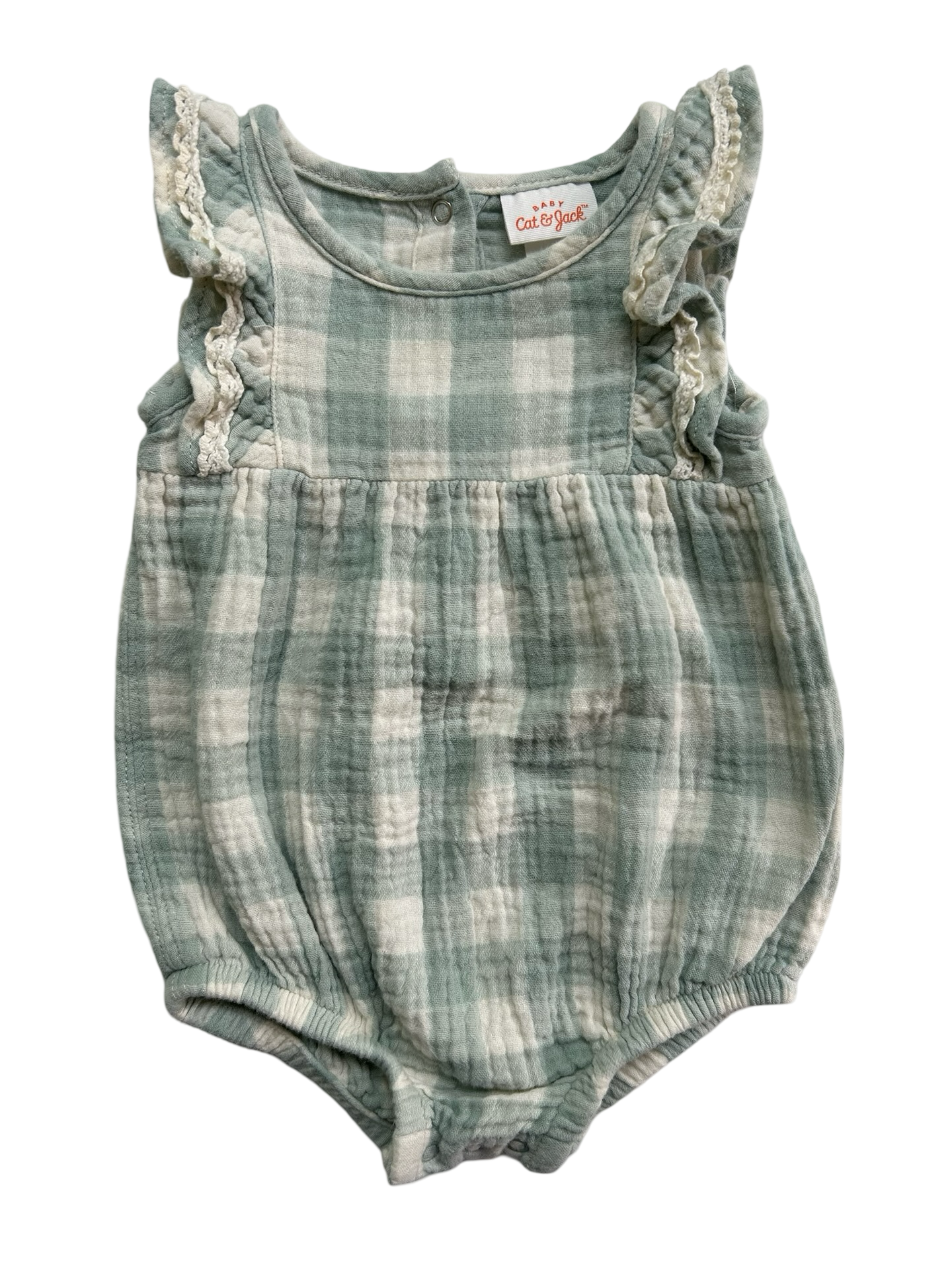 0-3M Baby Girl Cat & Jack Sage Check Muslin Bubble Romper