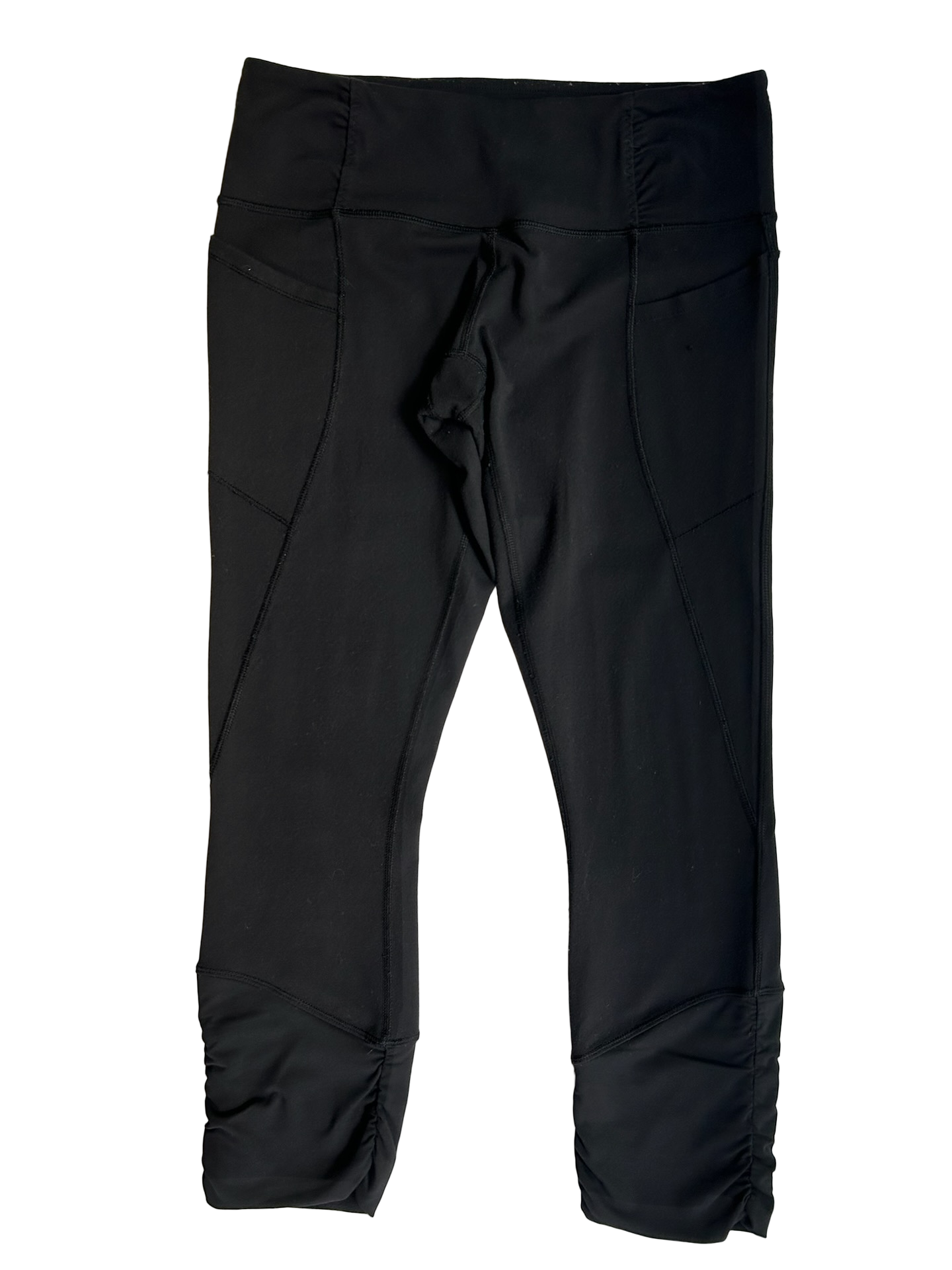 Women’s Size 6 LuluLemon Practice Daily Crop Full-On Luon Black Leggings Ruche Flaw.