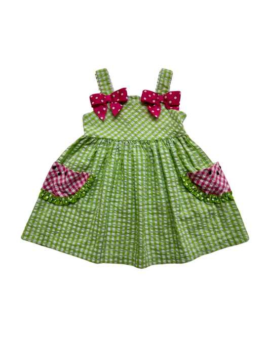 5T Toddler Girl Bonnie Jean Green Seersucker Watermelon Pocket Dress.