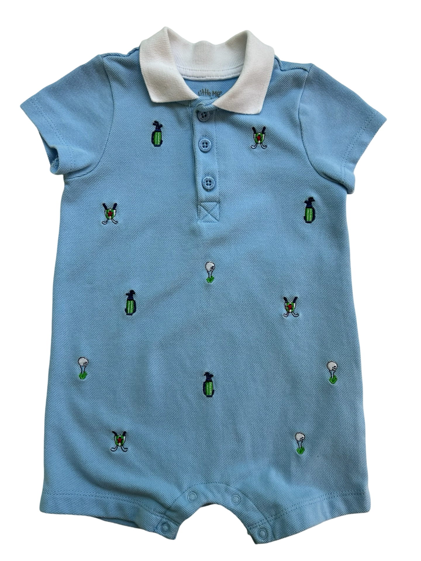 12M Baby Boy Little Me Golf Polo Romper Light Blue Short Sleeve Embroidered.