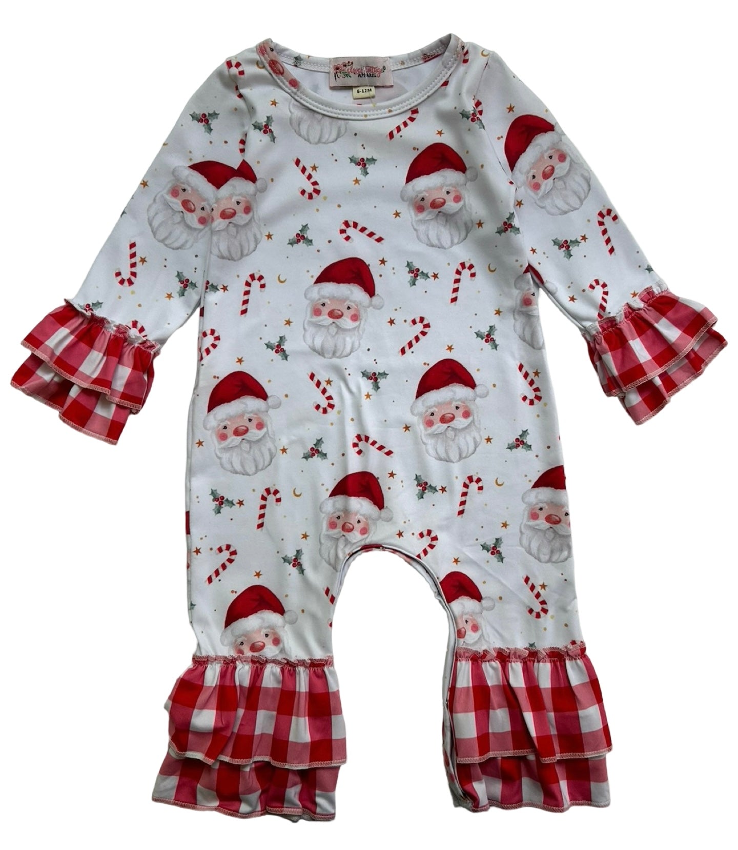 6M-12M Baby Girls Clover Cottage Santa Ruffle Romper.