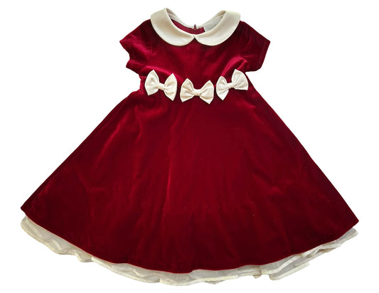 3T Toddler Girl Rare Editions Velvet Red / White Collar Bows Lined Holiday Dress.