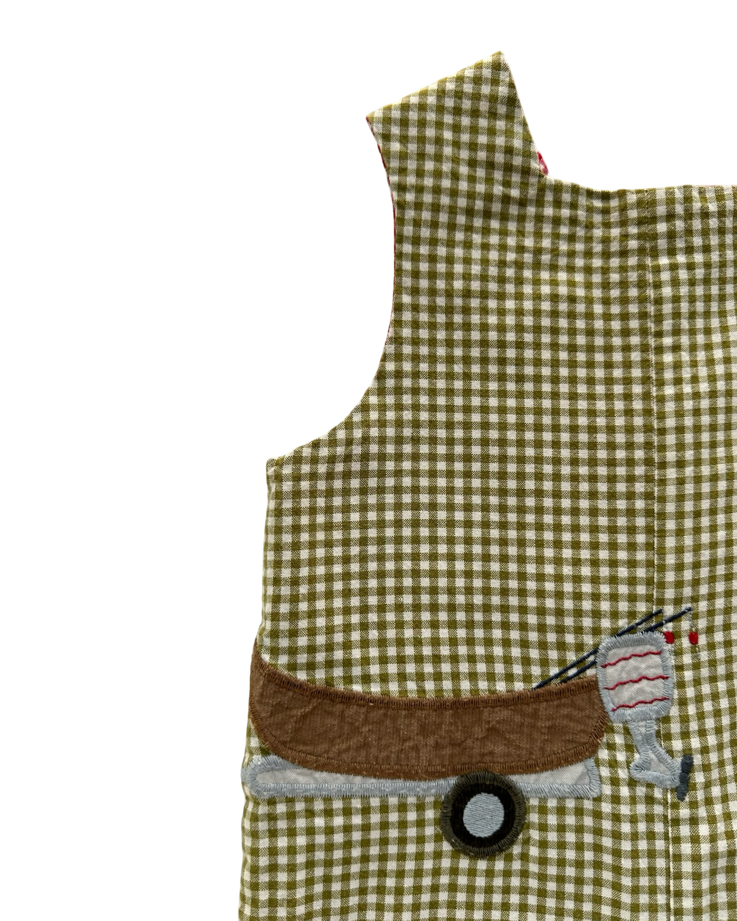 12M Baby Boys The Bailey Boys Gingham Patterned Overall-Romper Reversible Appliqués Camel 🐫 Reverse To Farm Car. One Piece.