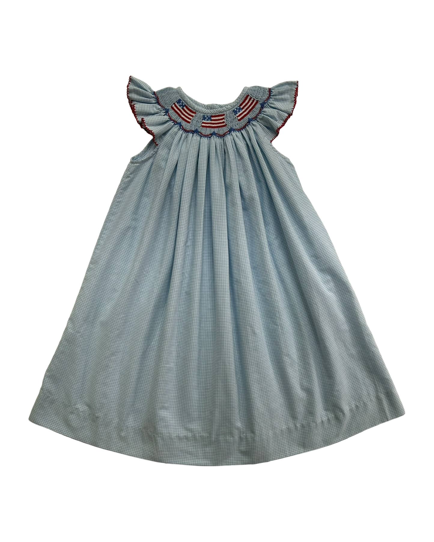 3T Toddlers Girls Southern Sunshine Patriotic Light Blue Gingham Flags 🇺🇸🇺🇸🇺🇸 Smocked And Ruffled Sleeves Dress