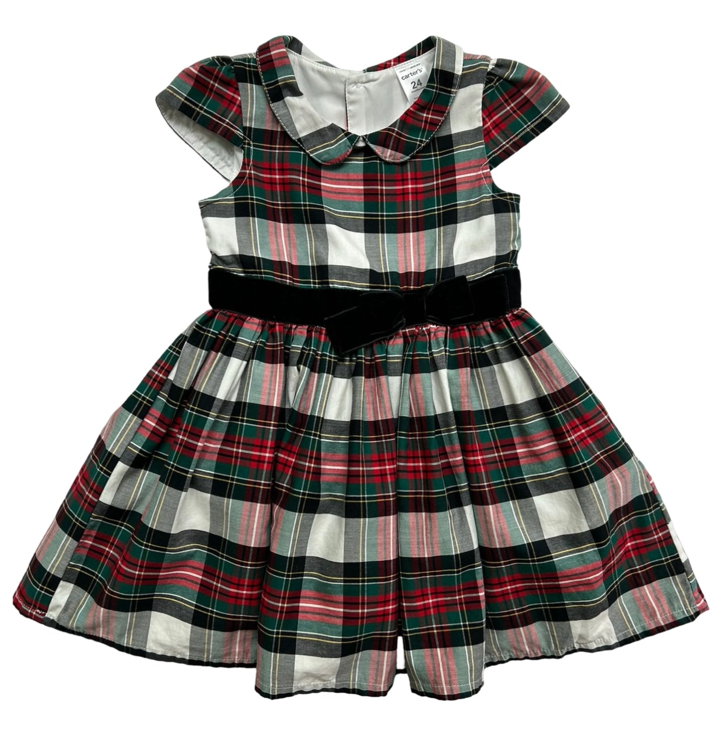 24M Baby Girls Carter’s Plaid Dress Velvet Band Bows  Short Sleeve.