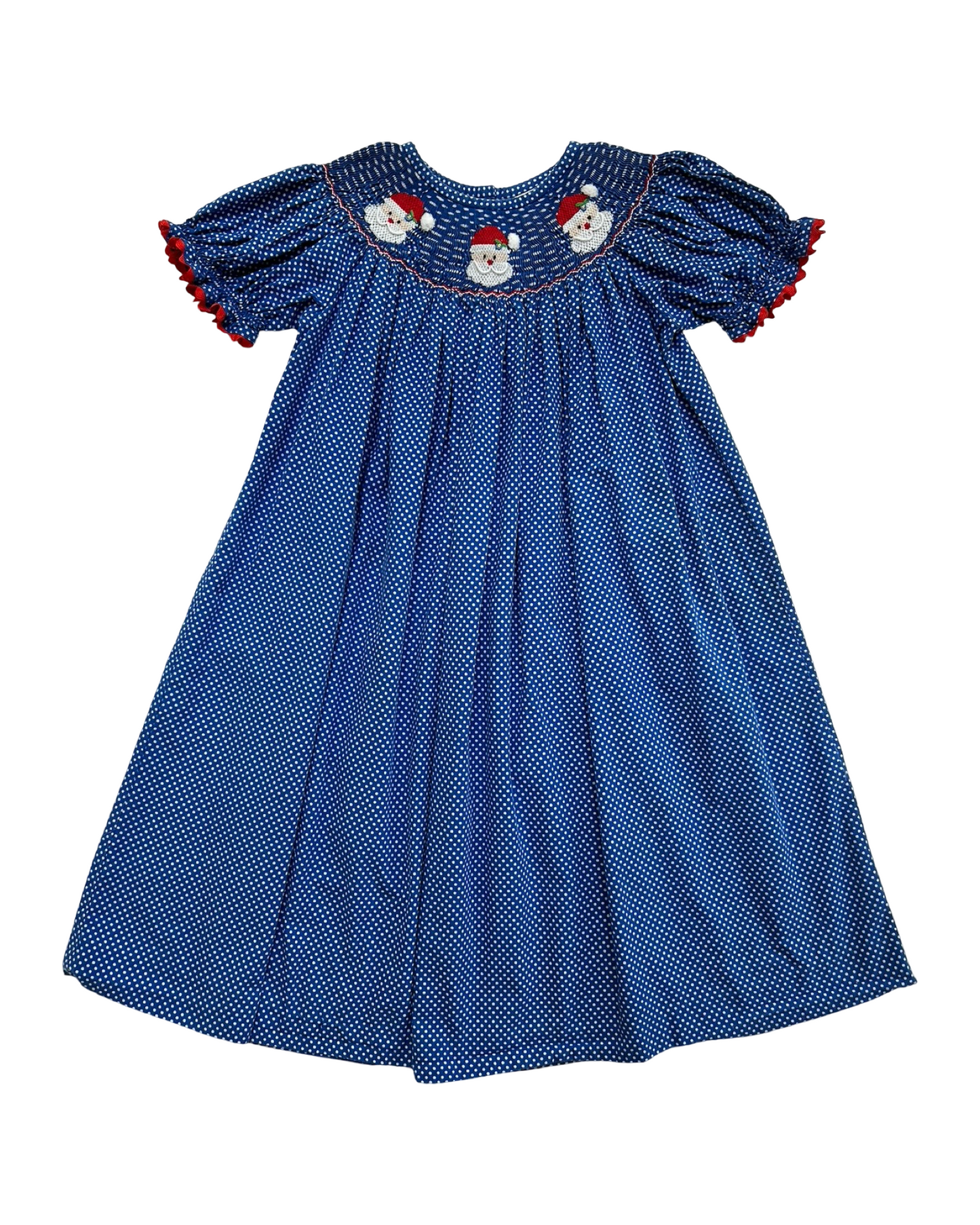5T Toddler Girls Smocked Auctions Embroidered Christmas Santa Polka Dot Dress.