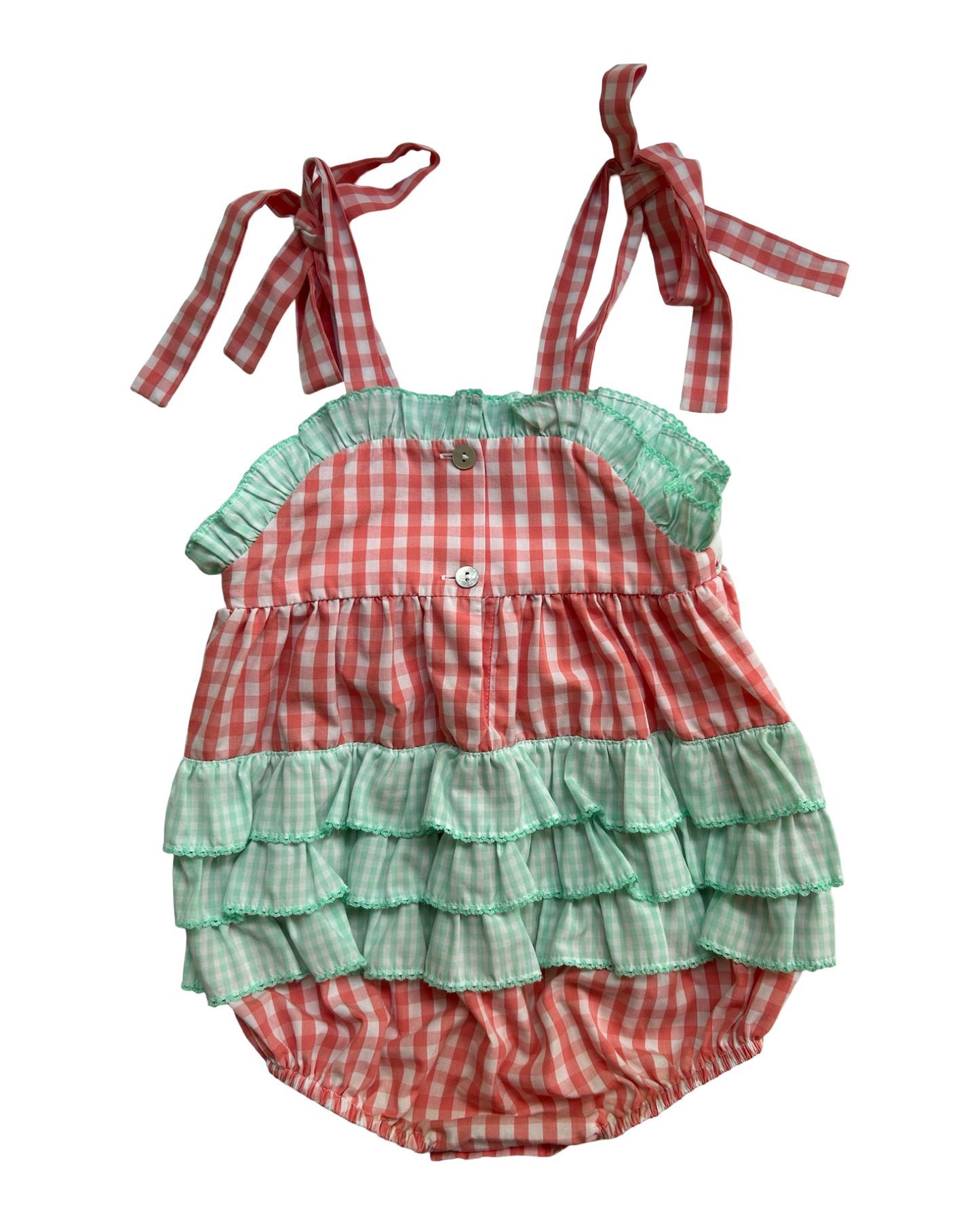 12M Baby Girls Shrimp & Grits Kids Red And White Gingham Pattern Ruffled Mint Green Trim, Embroidered Cherries Bubble Romper.