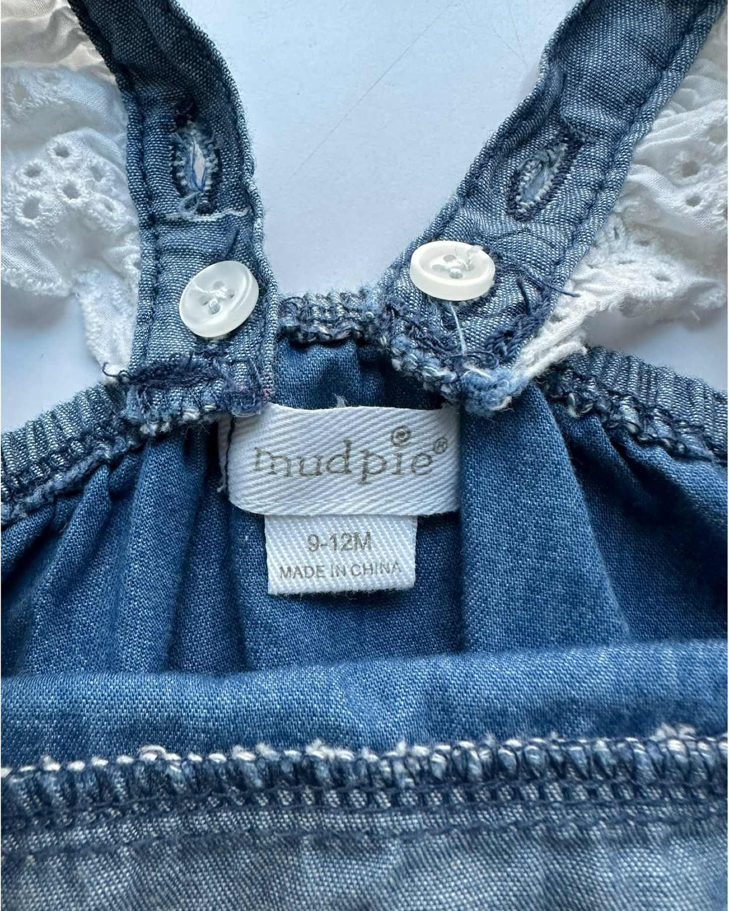 9M-12M Baby Girls MudPie Blue Chambray Lighthouse Nautical Lace Trim Romper.