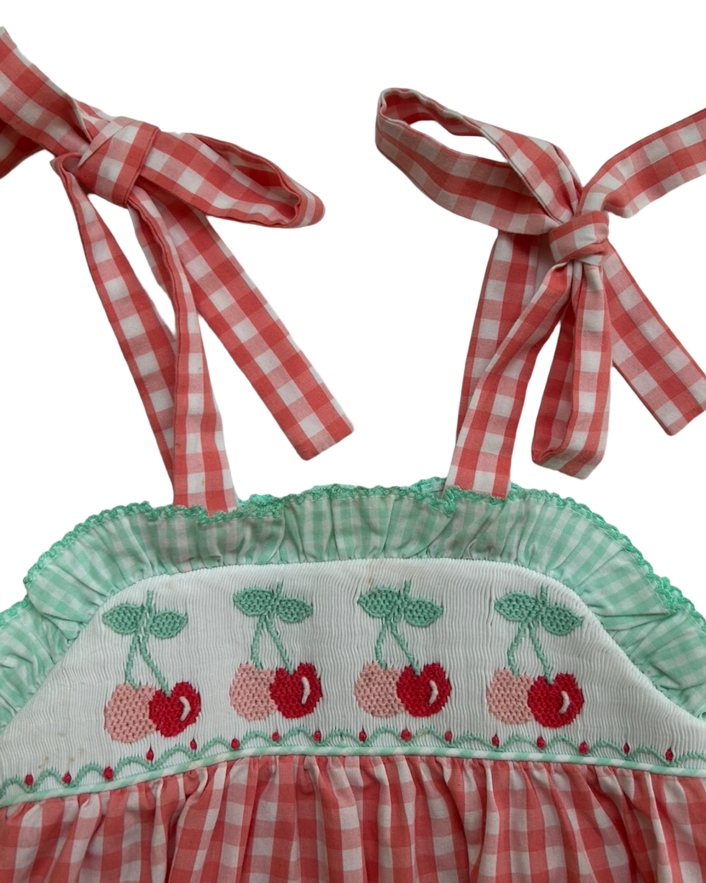 12M Baby Girls Shrimp & Grits Kids Red And White Gingham Pattern Ruffled Mint Green Trim, Embroidered Cherries Bubble Romper.