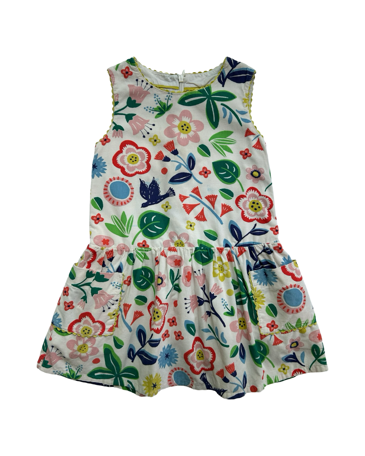 4-5Y Toddler Girl Mini Boden White Floral Sleeveless Corduroy Dress