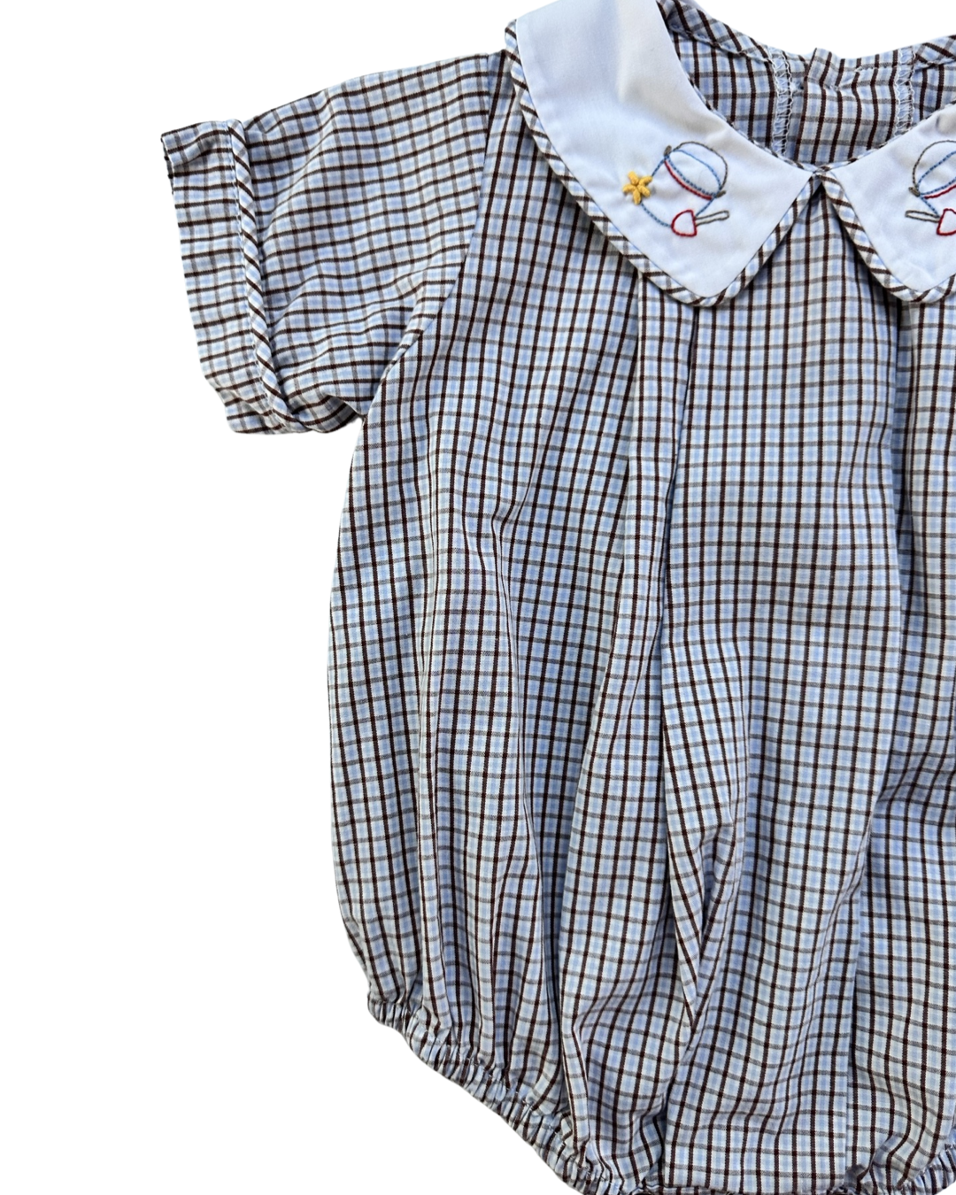 12M Baby Boy Boutique Remember Nguyen Brown and Light Blue Gingham Plaid Bubble with Classic Peter Pan Collar and Sand Castle Embroidery