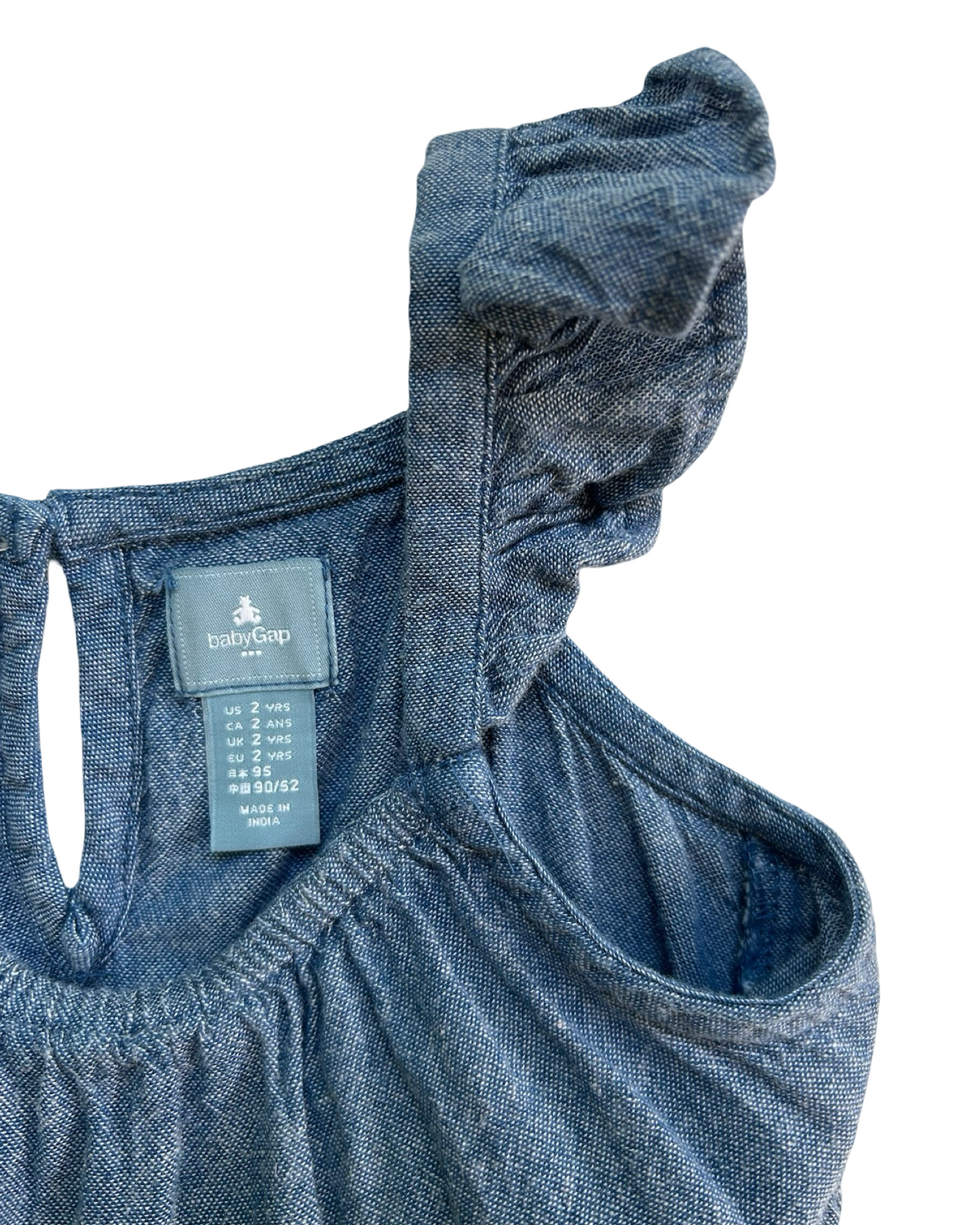 2T Toddlers Girls Baby Gap Embroidered Flowers Trim Lace Scallop Ruffle Chambray Romper