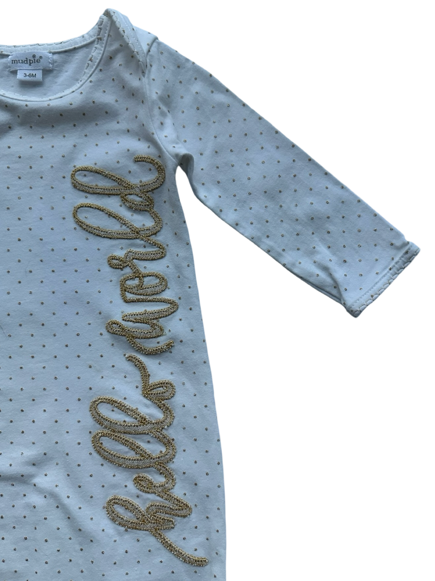3M-6M Baby Girl MudPie White / Gold “ HELLO WORLD” Sleeper Polka Dot Tie Gown