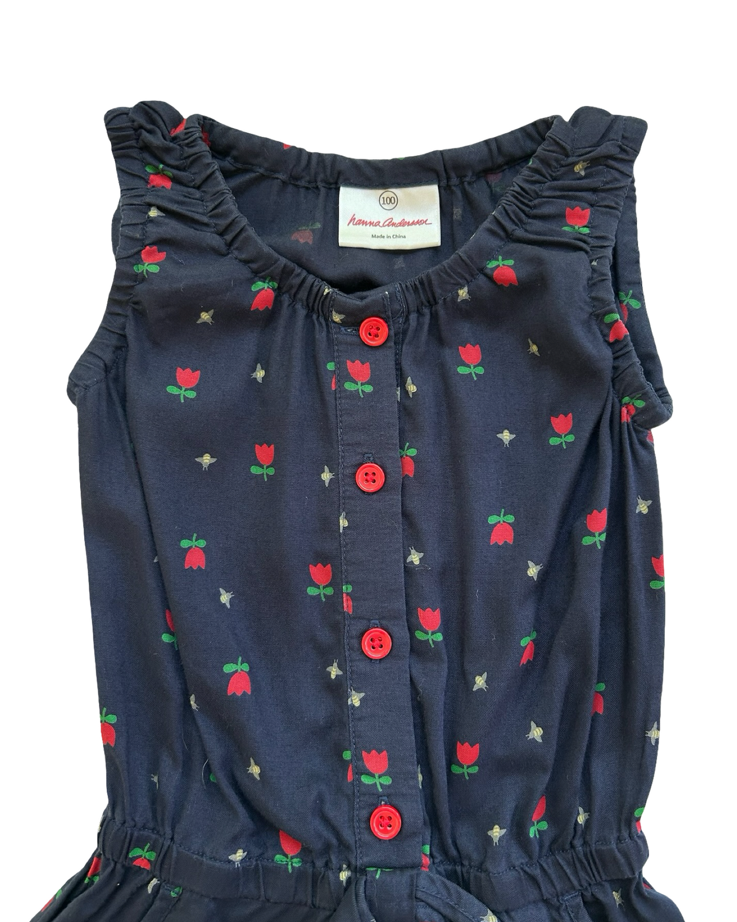 (100-cm) 4T Toddlers Girls Hanna Andersson Tulips 🌷 And Bee 🐝 Print Romper.
