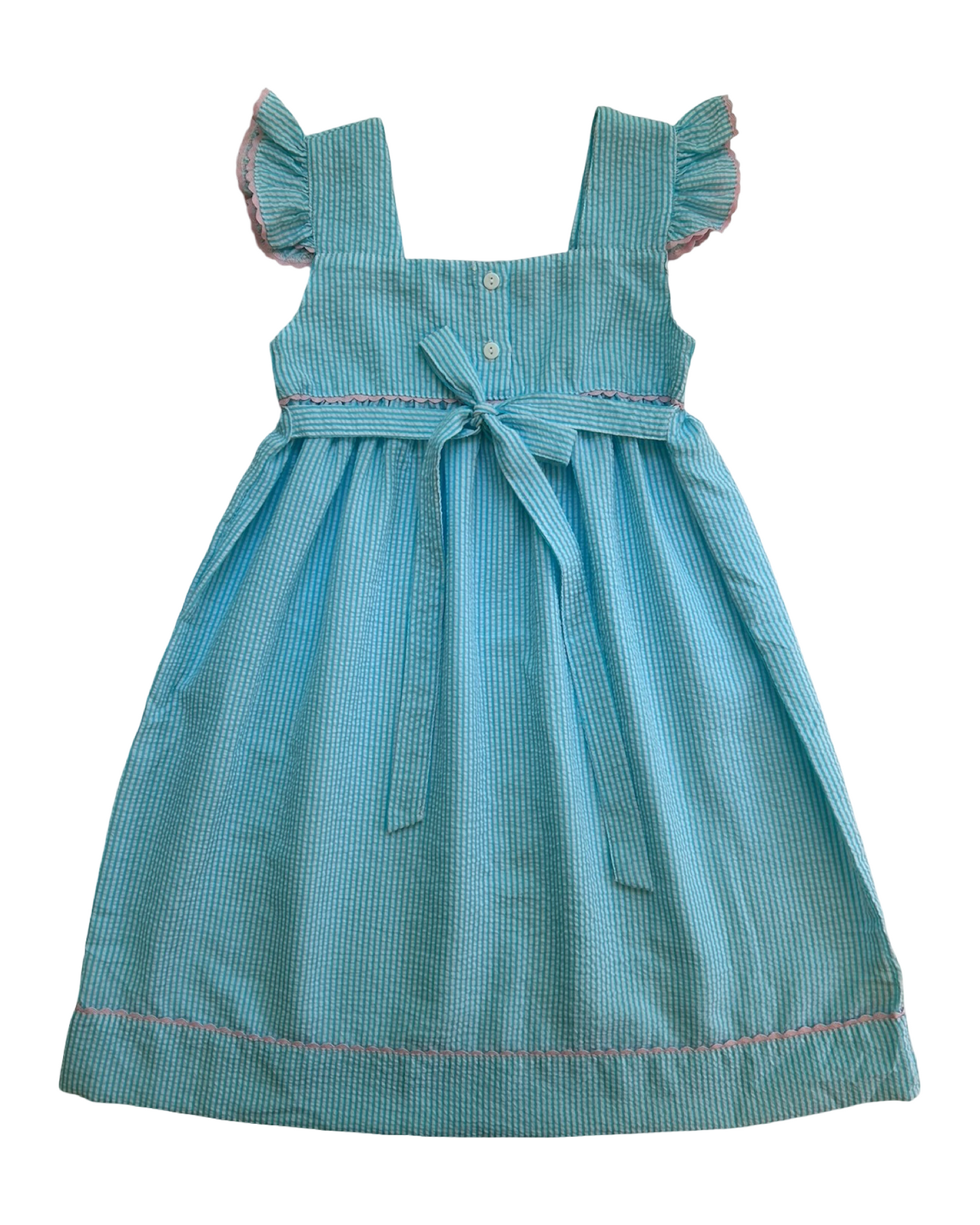 6T Toddler Girls Sweet Dreams Smocked Seersucker Pastel Light Blue / Pink Dress