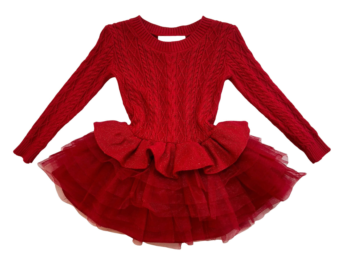 2T Toddler Girl American Girl Crew Neck Knit Ruffled Skirt Pullover Red Cable Knit Sweater Dress