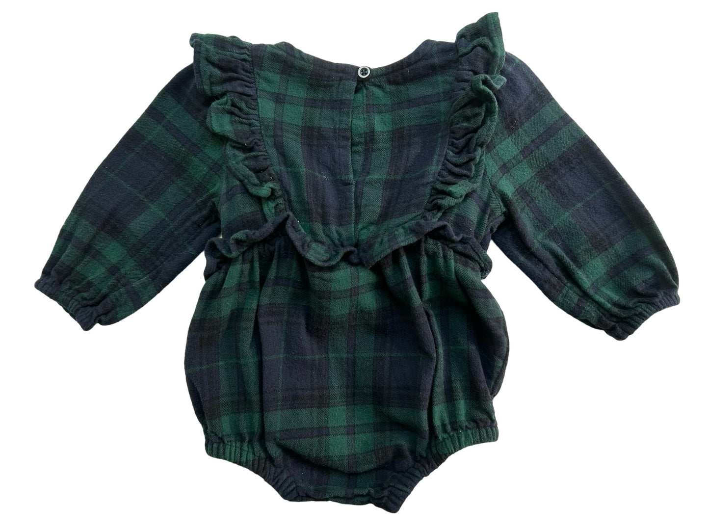 6M-12M Baby Girl Old Navy Green / Blue Plaid Christmas Flannel Bubble Romper One Piece