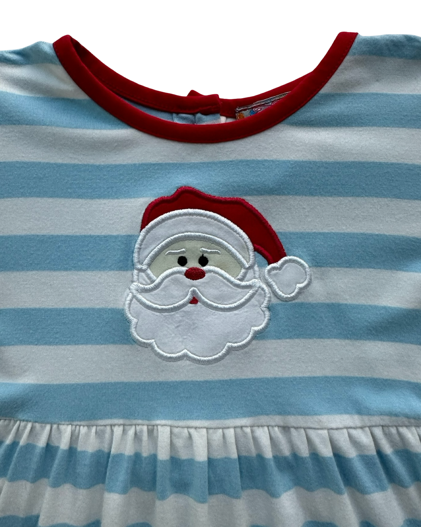 5T Toddler Girls Boutique Smocked PolkaDot Christmas Embroidery Santa Claus Face Appliqué, Ruffle Dress