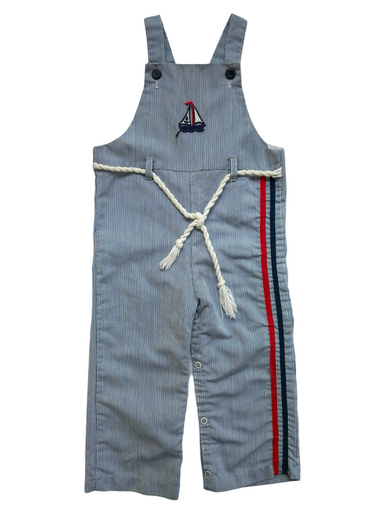 24M Baby Boys Little Goodies By Good Lad Striped With Sailboat Nautical Overall.