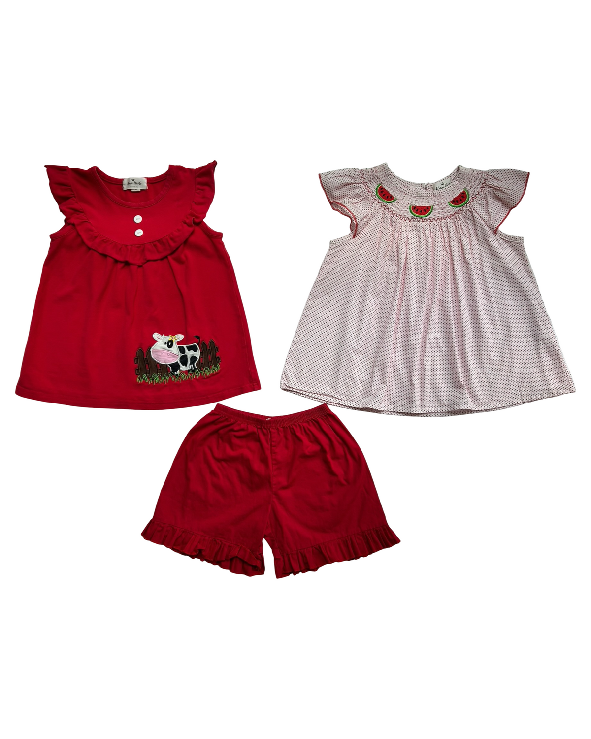 XL 6T Toddler Girls Marie Nicole Clothing Set 3 Piece, Dots Watermelon 🍉 Embroidered Dress, Cow Appliqué Dress And Red Ruffle Shorts.