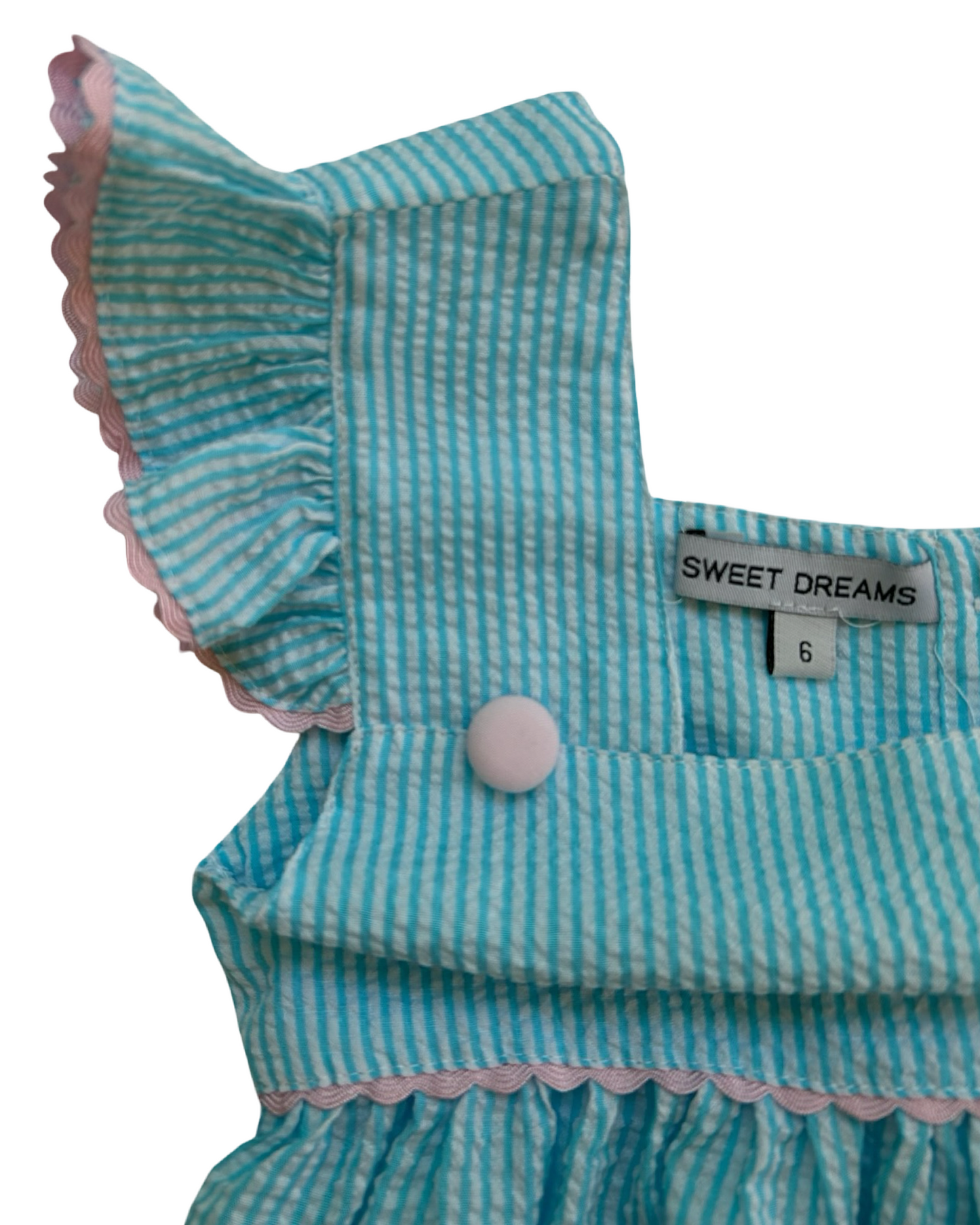 6T Toddler Girls Sweet Dreams Smocked Seersucker Pastel Light Blue / Pink Dress