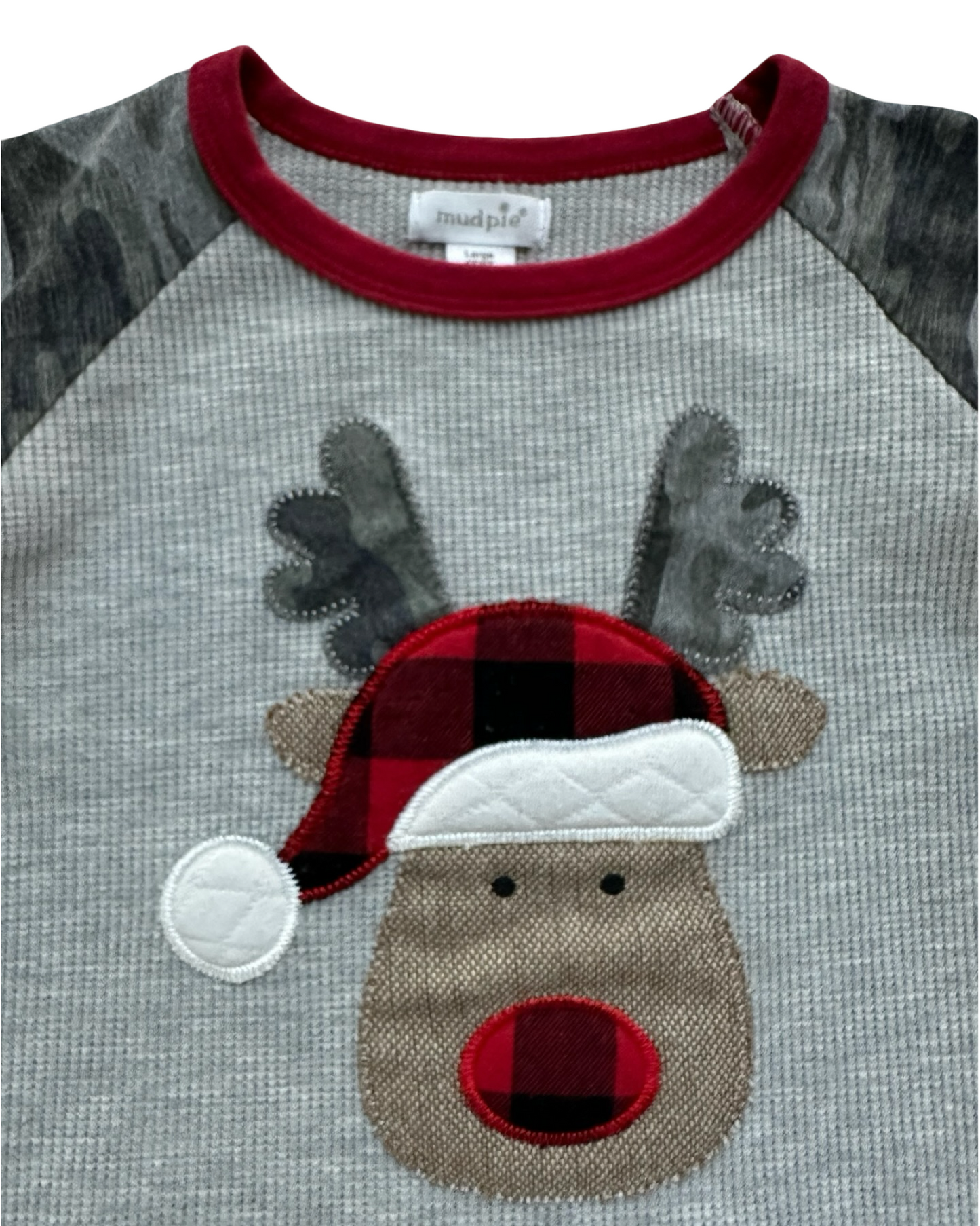 4T-5T Toddler Boys MudPie Little Boys Christmas Camo Rudolph Long Sleeve Waffle Weave Raglan T-Shirt