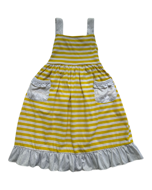 4T Toddler / 5T Toddler Girl Yellow Striped Dress with Blue Polka Dot Pockets and Trim