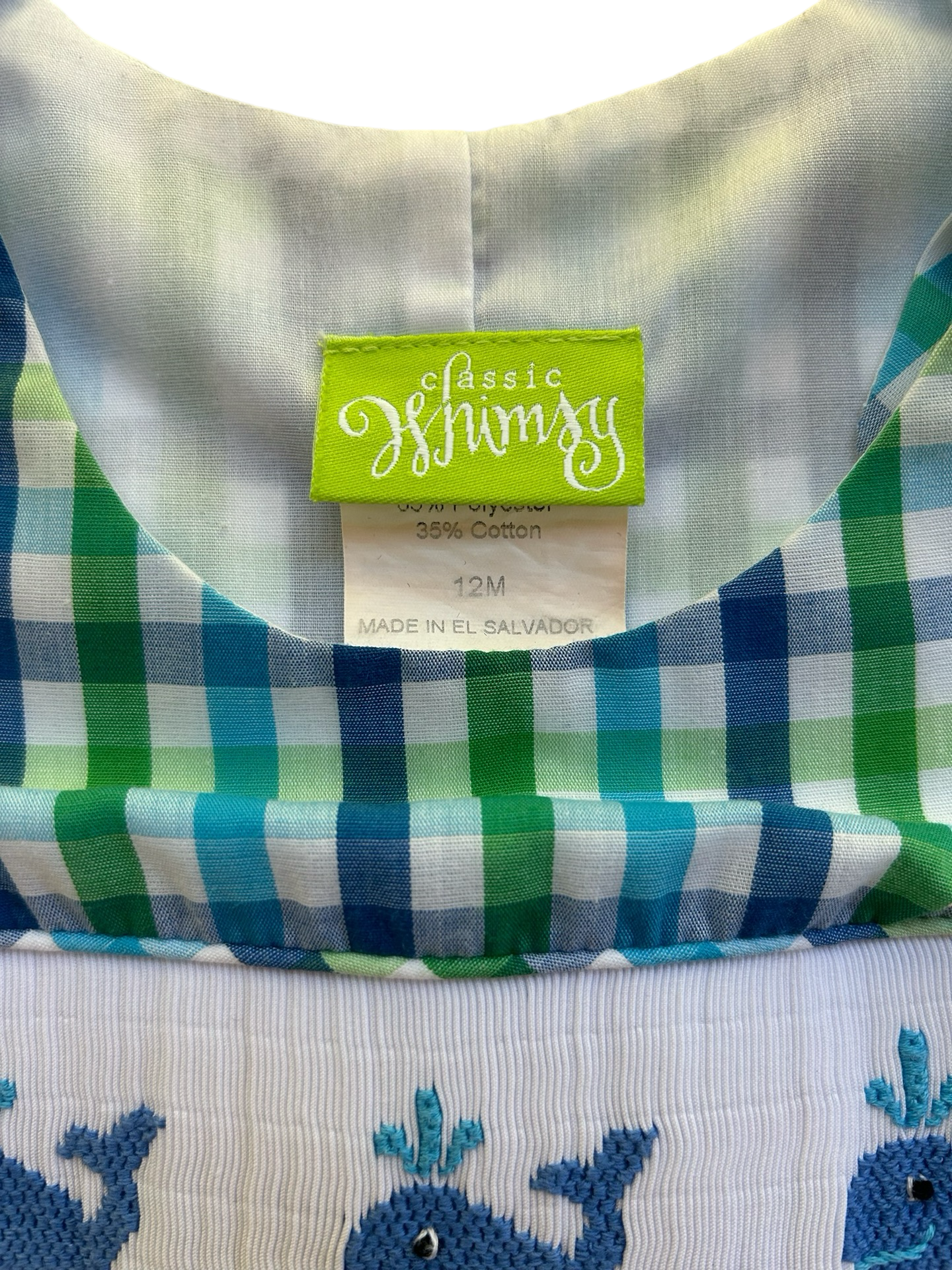 12M Baby Boy Classic Whimsy Blue & Green Gingham Whale Bubble Romper Jon Jon
