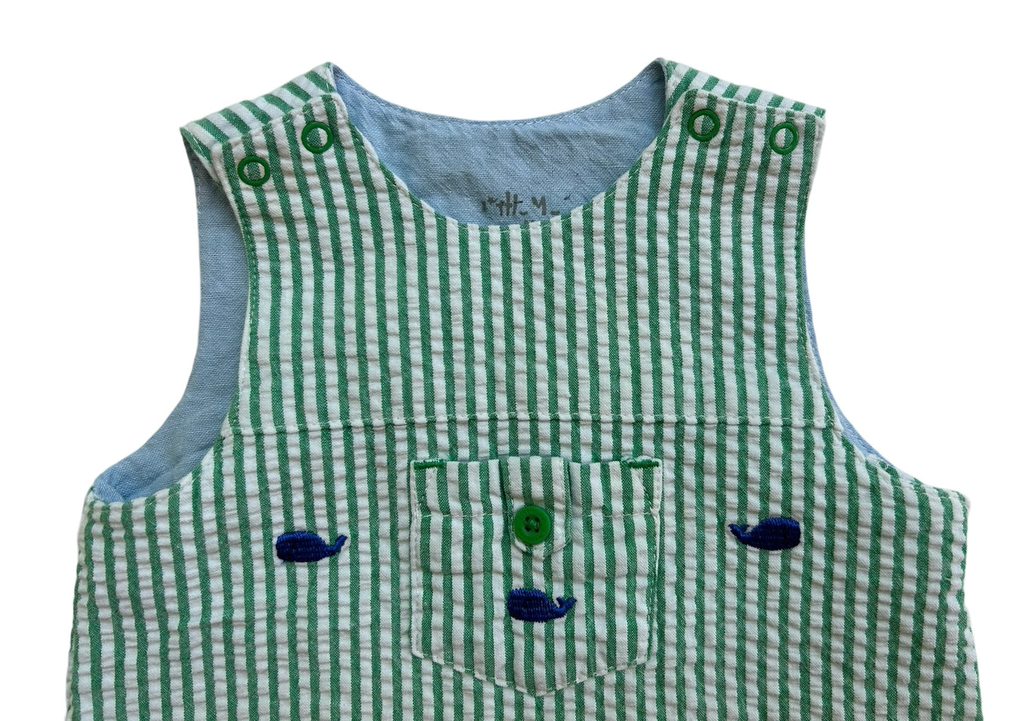 6M Baby Boy Little Me Green Striped Seersucker Blue Whale 🐳 Overall Romper