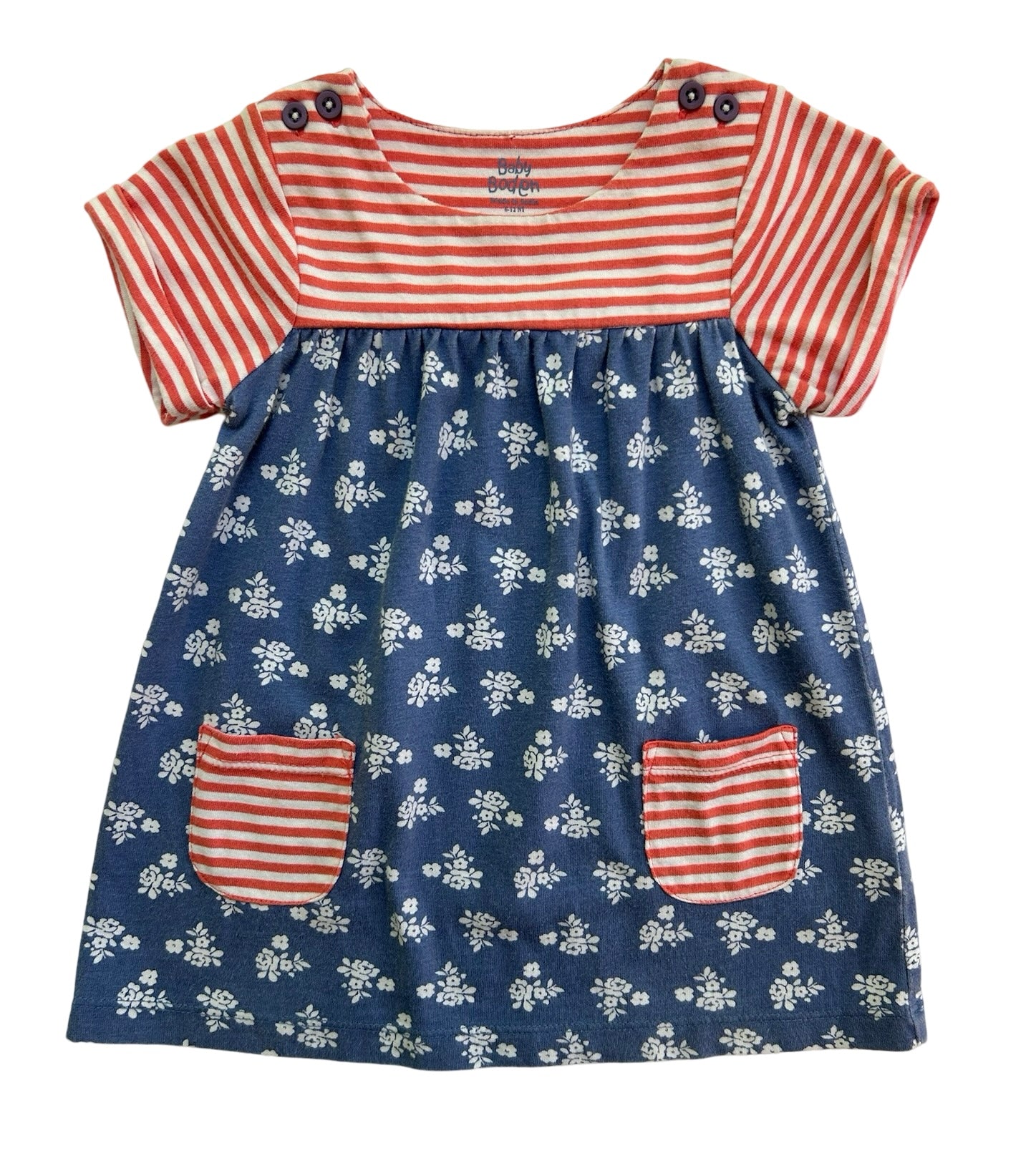 6-12M Baby Boden Striped Floral Dress with Pockets