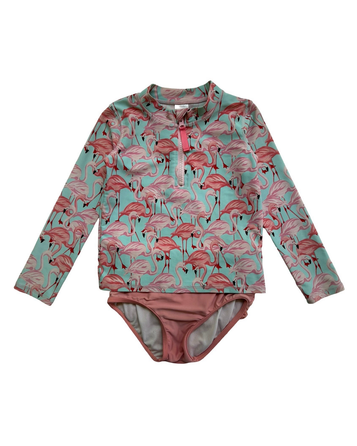 5T Toddler Girl’s RuffleButts Long Sleeve RashGuard Bikini Flamingos 🦩 🦩🦩 Print, Set 2 Pieces.