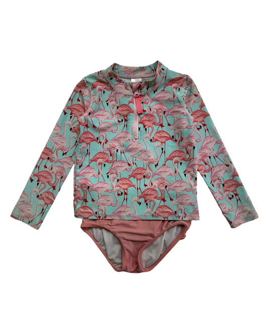 5T Toddler Girl’s RuffleButts Long Sleeve RashGuard Bikini Flamingos 🦩 🦩🦩 Print, Set 2 Pieces.
