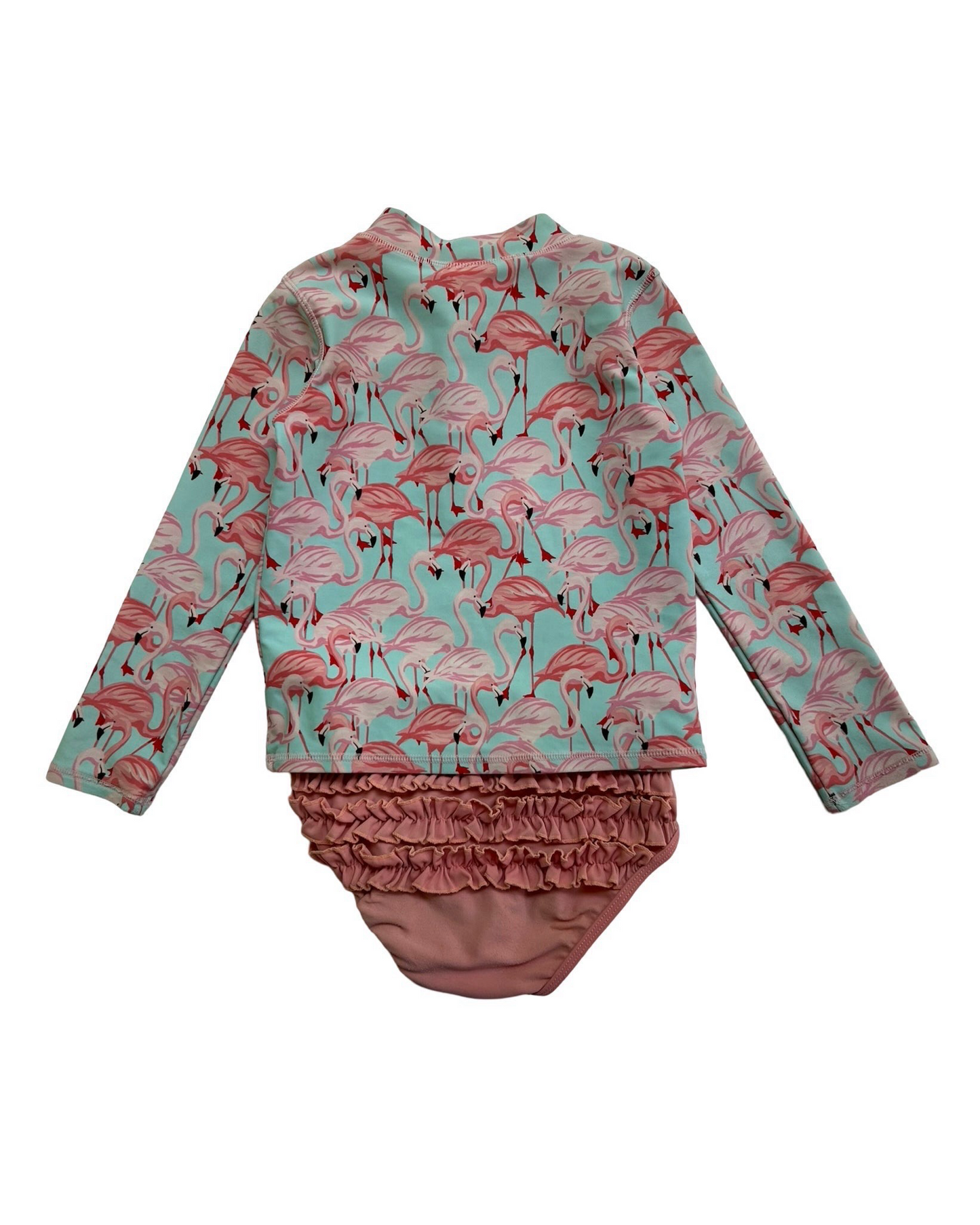 5T Toddler Girl’s RuffleButts Long Sleeve RashGuard Bikini Flamingos 🦩 🦩🦩 Print, Set 2 Pieces.