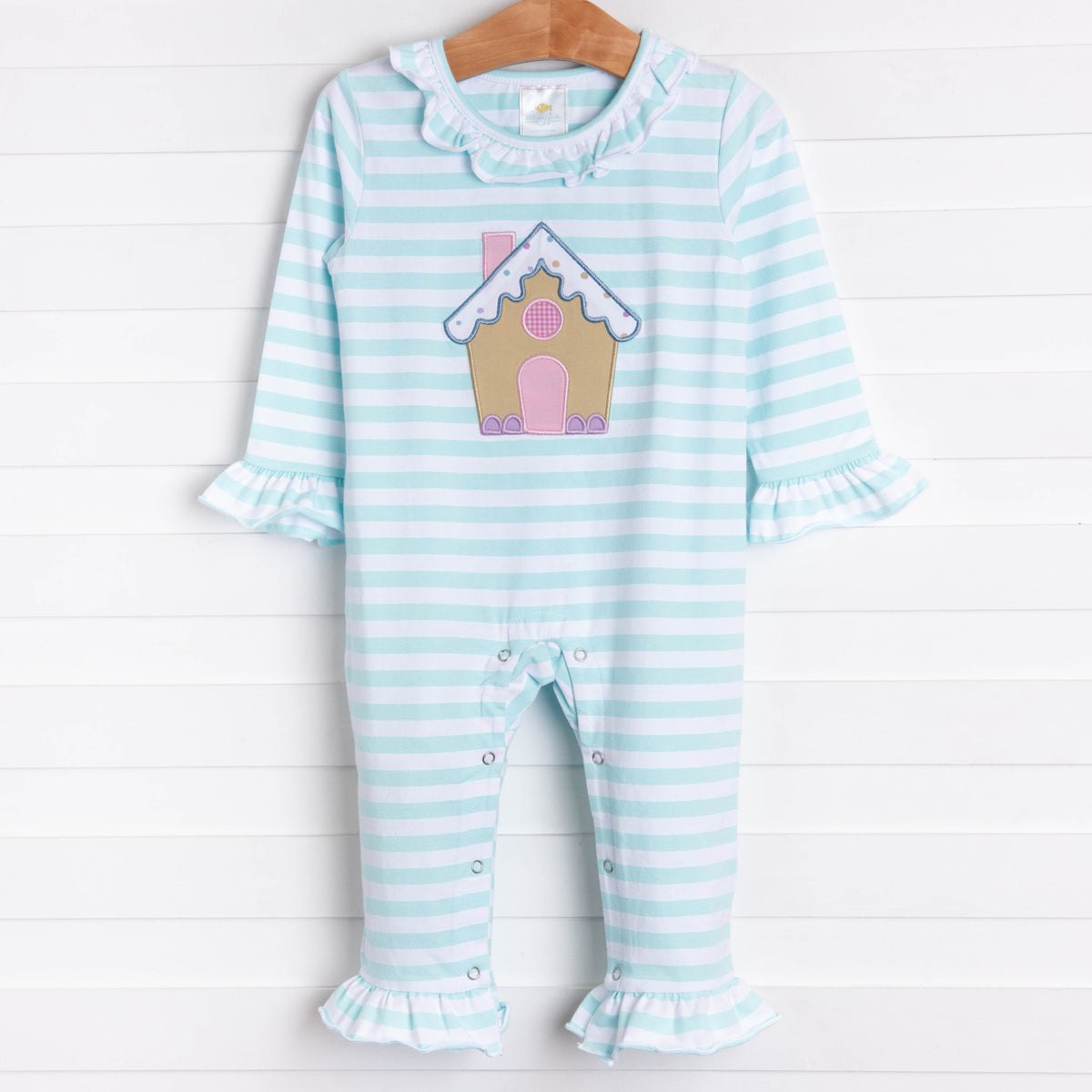 3M Baby Girl Stitchy Fish Mint Striped Gingerbread House Christmas Romper