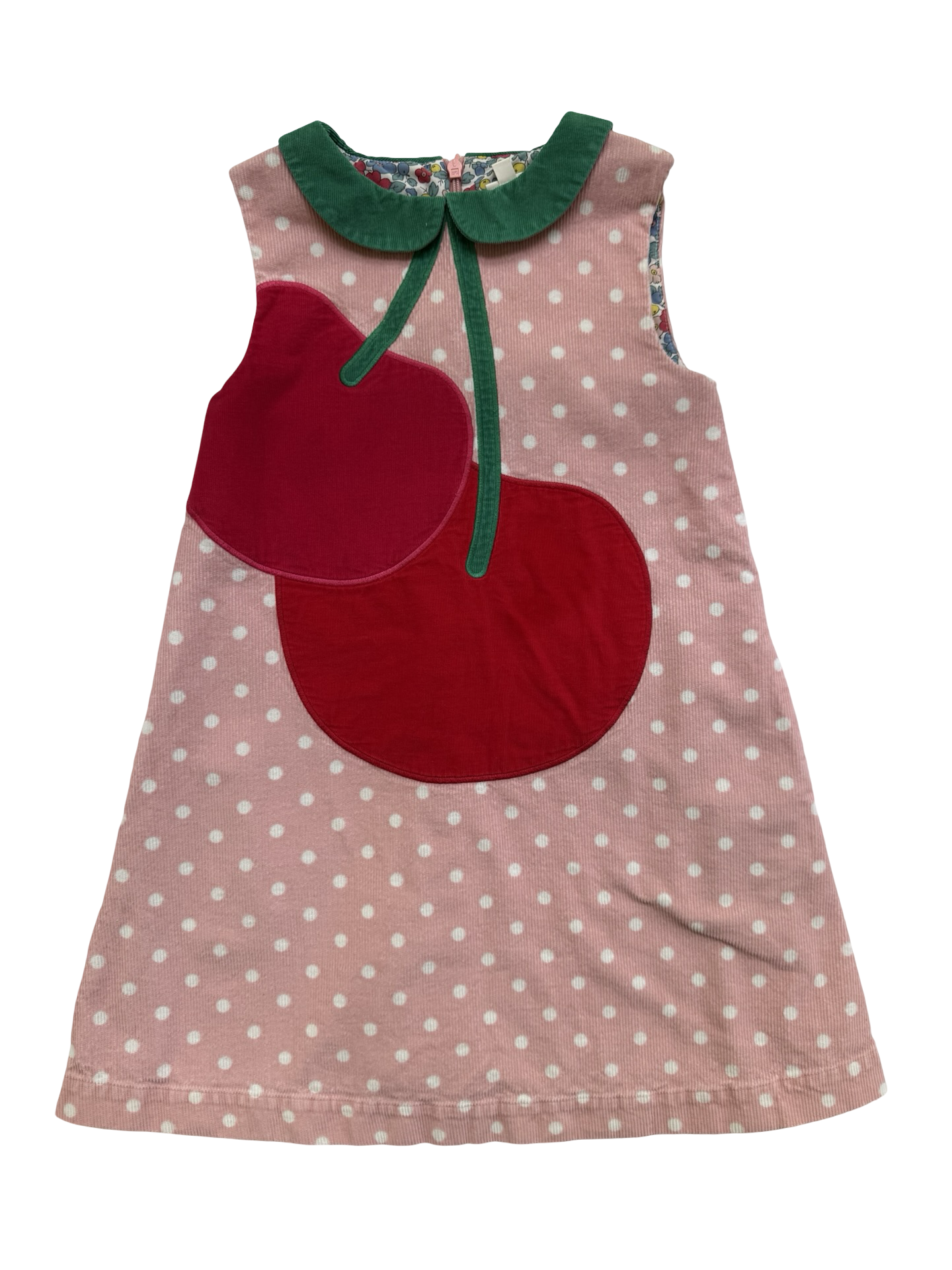7/8 Girls Mini Boden Pink Polka Dot Corduroy Cherry Appliqué Shift dress