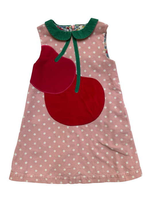 7/8 Girls Mini Boden Pink Polka Dot Corduroy Cherry Appliqué Shift dress