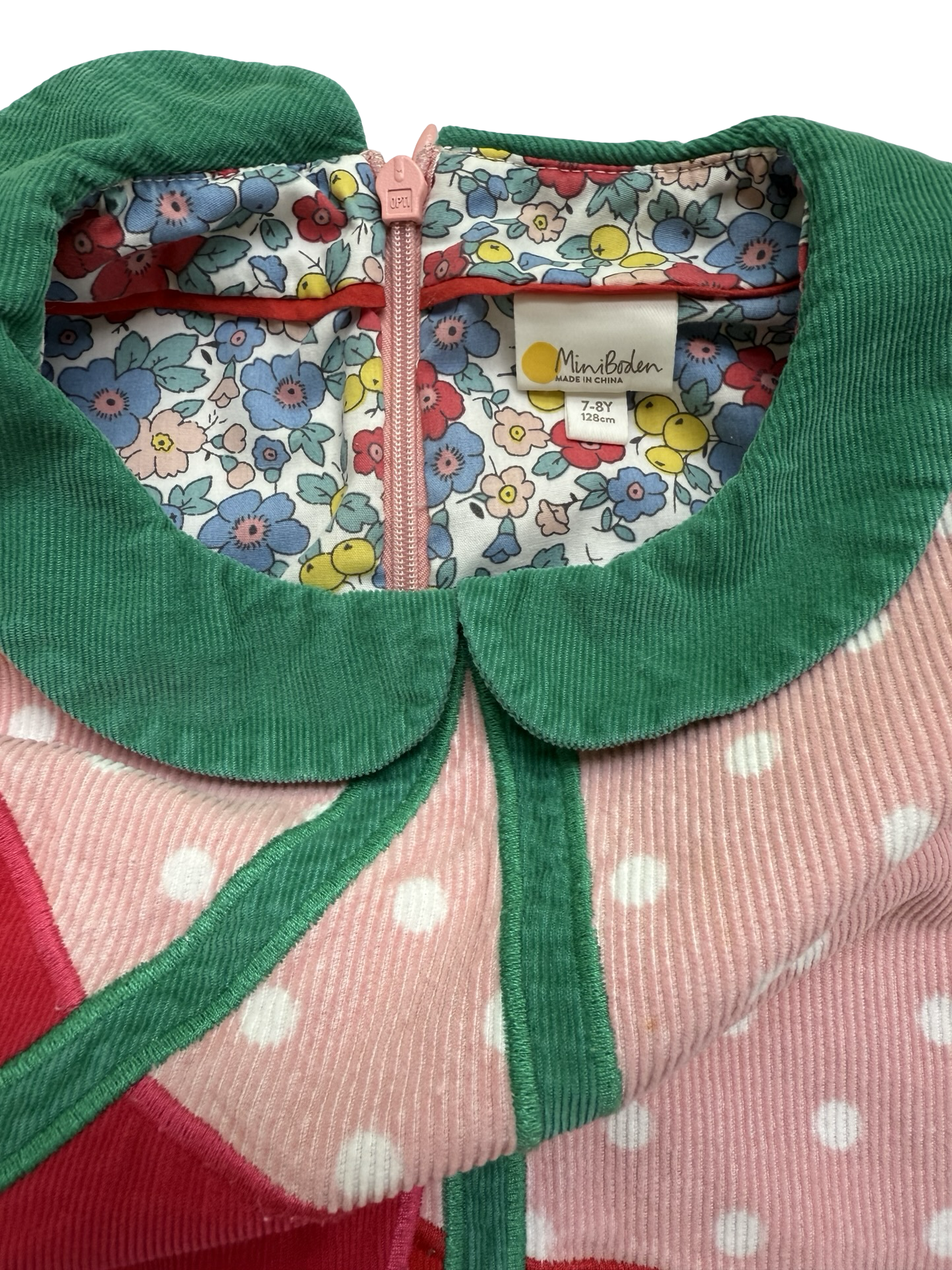 7/8 Girls Mini Boden Pink Polka Dot Corduroy Cherry Appliqué Shift dress