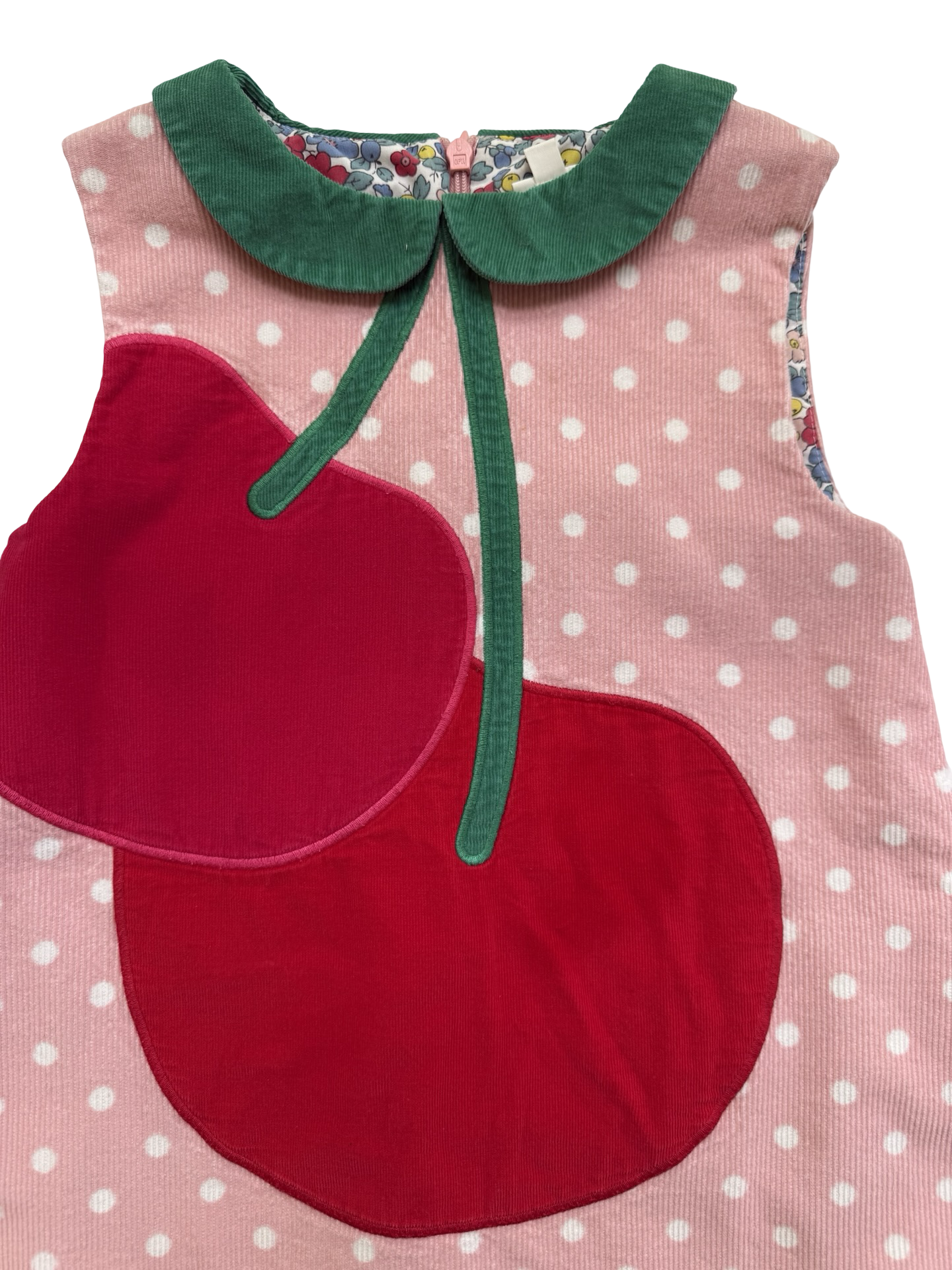7/8 Girls Mini Boden Pink Polka Dot Corduroy Cherry Appliqué Shift dress