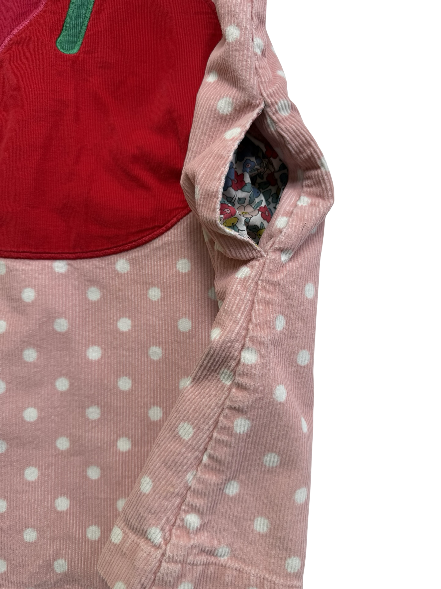 7/8 Girls Mini Boden Pink Polka Dot Corduroy Cherry Appliqué Shift dress