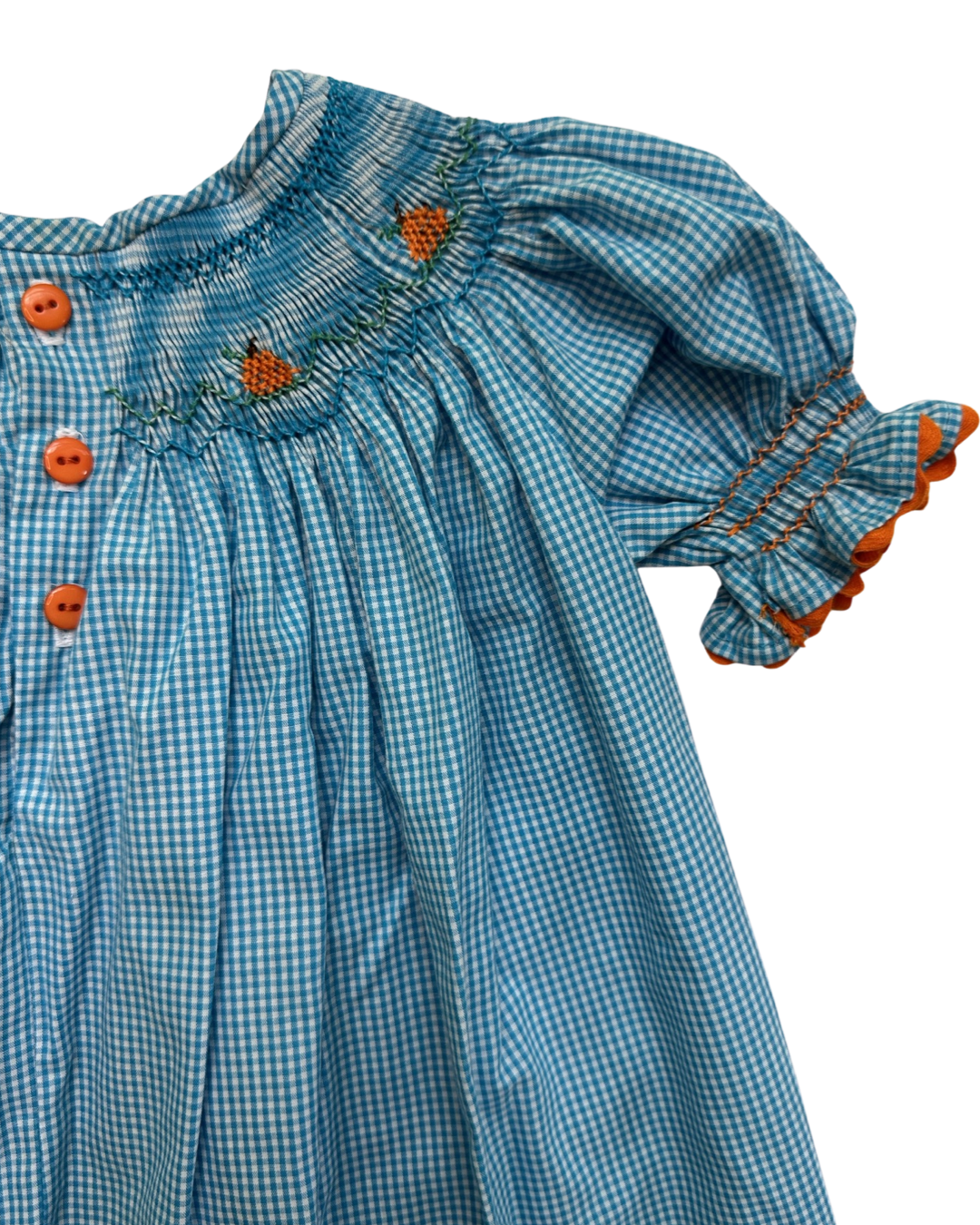 12M Baby Girl Blue Gingham Smocked Pumpkin Dress