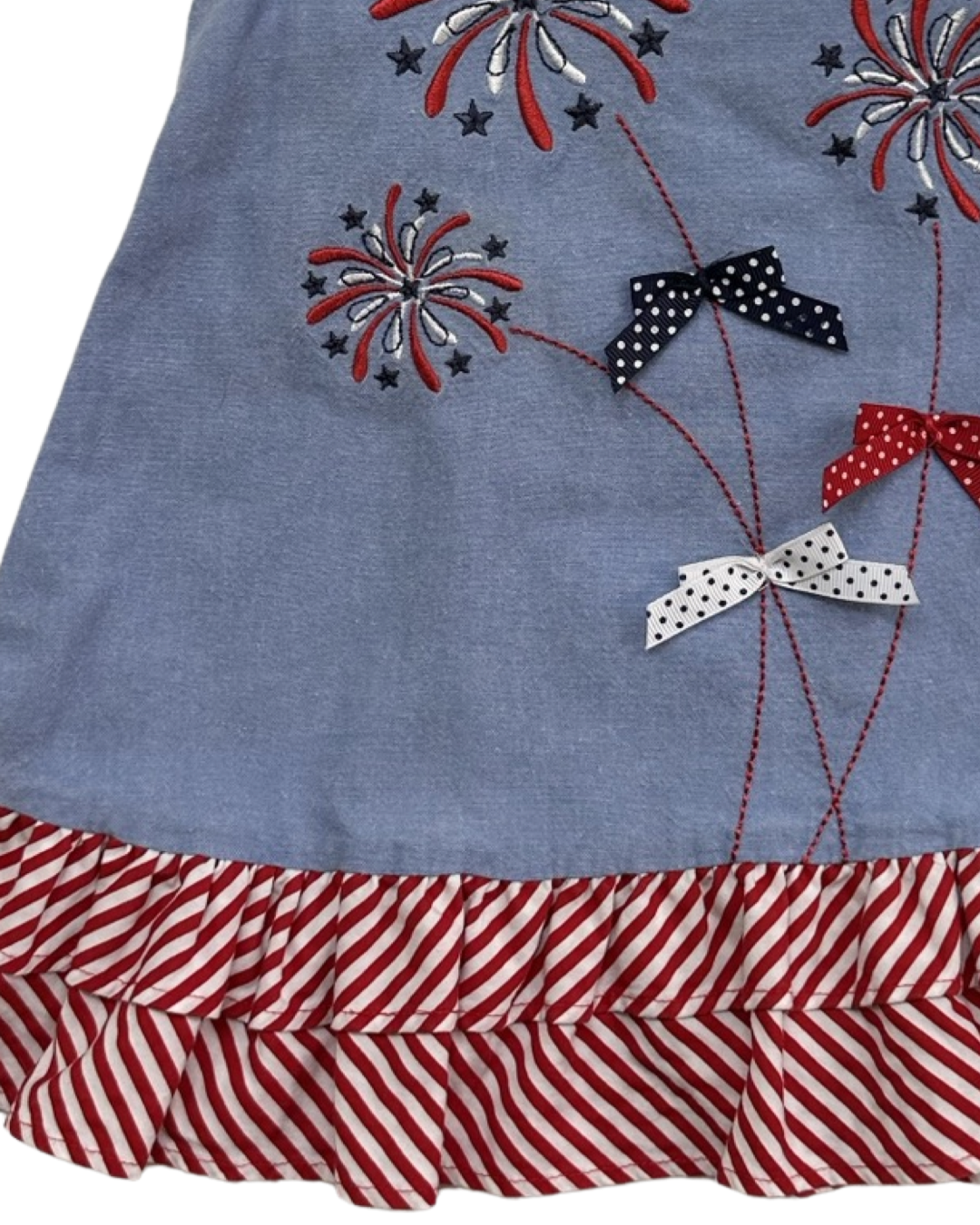 12M Baby Girl Bonnie Baby Chambray Patriotic Dress with Embroidered Fireworks and Red / White & Blue Bows